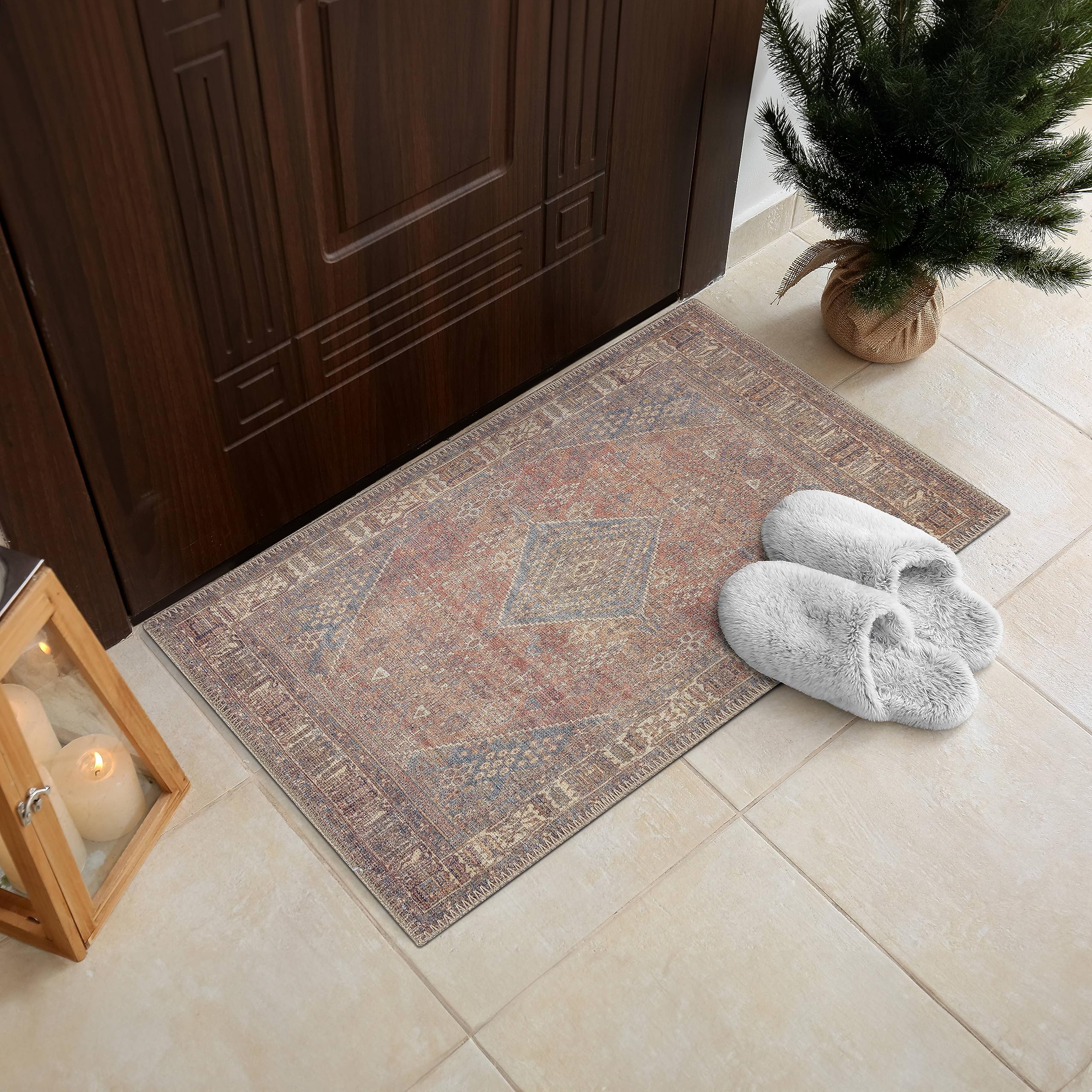 RugOver Machine Washable Area Rug, Pet-Friendly and Non-Slip Indoor Carpet for Kitchen, Bathroom, Living Room, Home Floor Decoration(Clay/Prussian, 2'