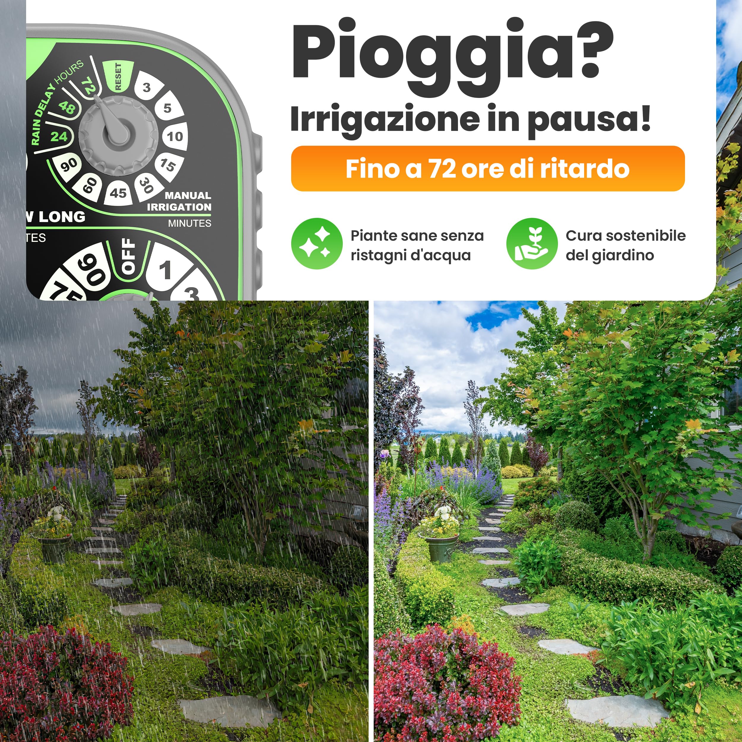 rainfactory Timer Irrigazione con 3 Manopole - Programmatore Irrigazione per Uso Automatico o Manuale con Ritardo Pioggia - Risparmio Acqua per Giardino, Prato e Balcone
