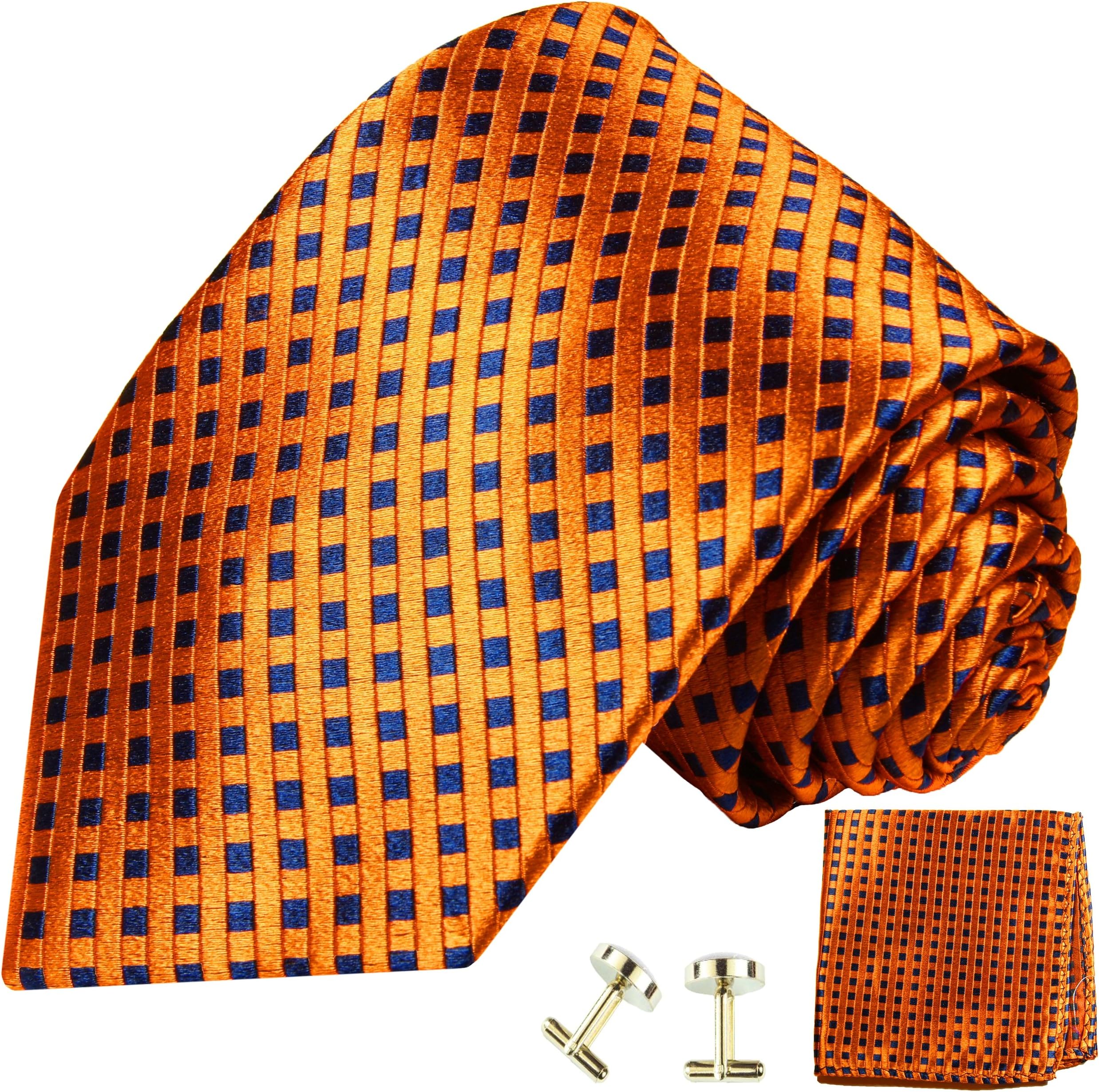Paul Malone Extra Long Silk Necktie, Pocket Square and Cufflinks Orange Navy