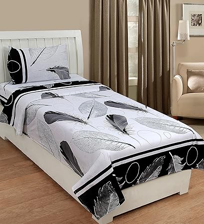 KIHOME 144 TC Cotton Single Bedsheet with Pillow Cover ( 60 inch x 90 inch or 153 cm x 225 cm , Pankh , White , Black )