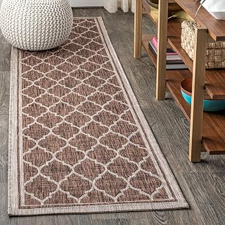 JONATHAN Y Moroccan Trellis Indoor Outdoor Runner Rug 2X20 Espresso/Taupe, Trebol Textured Weave for Backyard, Patio, Porch, Easy-Cleaning, High Traffic, Pet-Friendly, Non-Shedding (SMB109B-220)