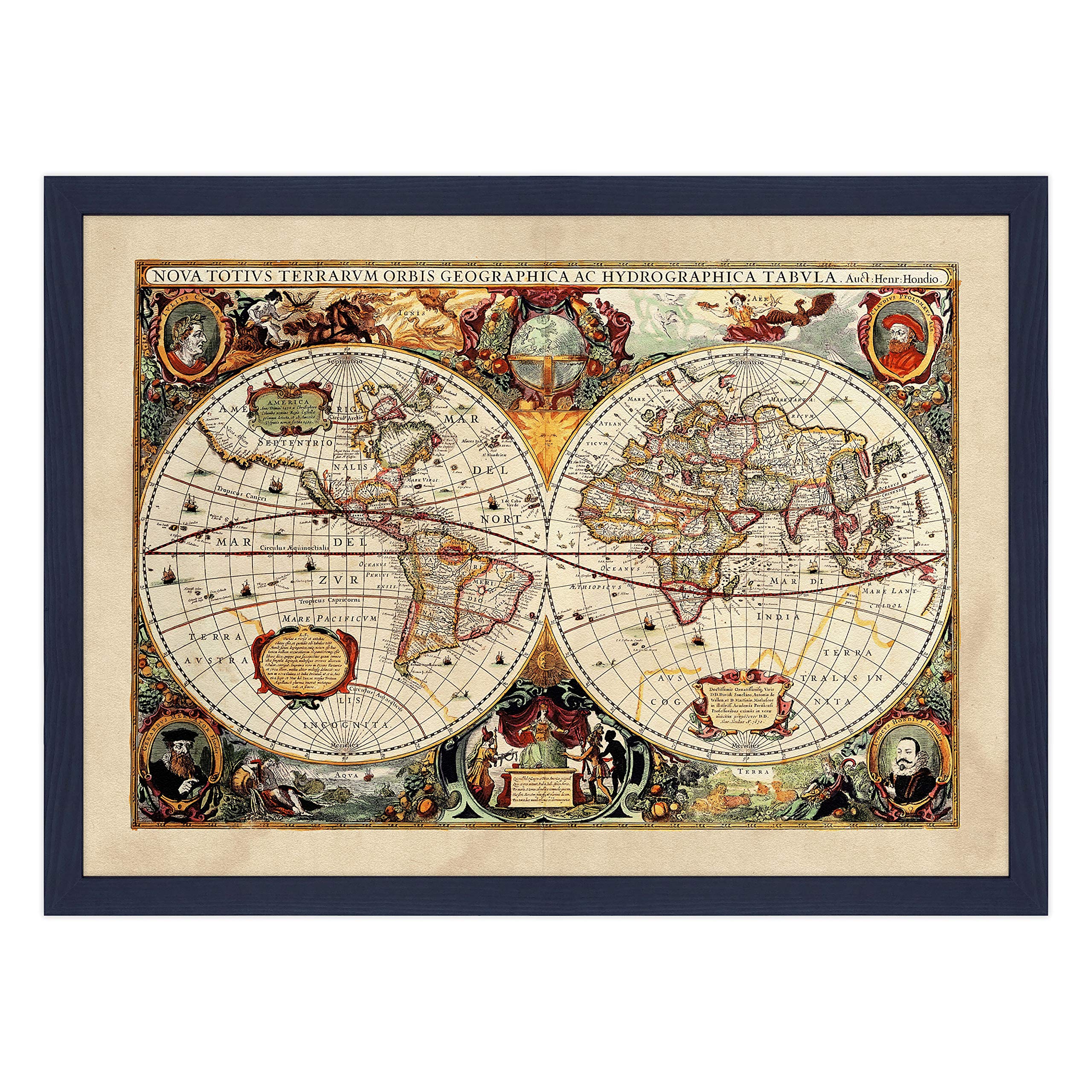 Impresión con marco - Mapa del mundo antiguo - 50 x 70 cm - Diseño colorido azul