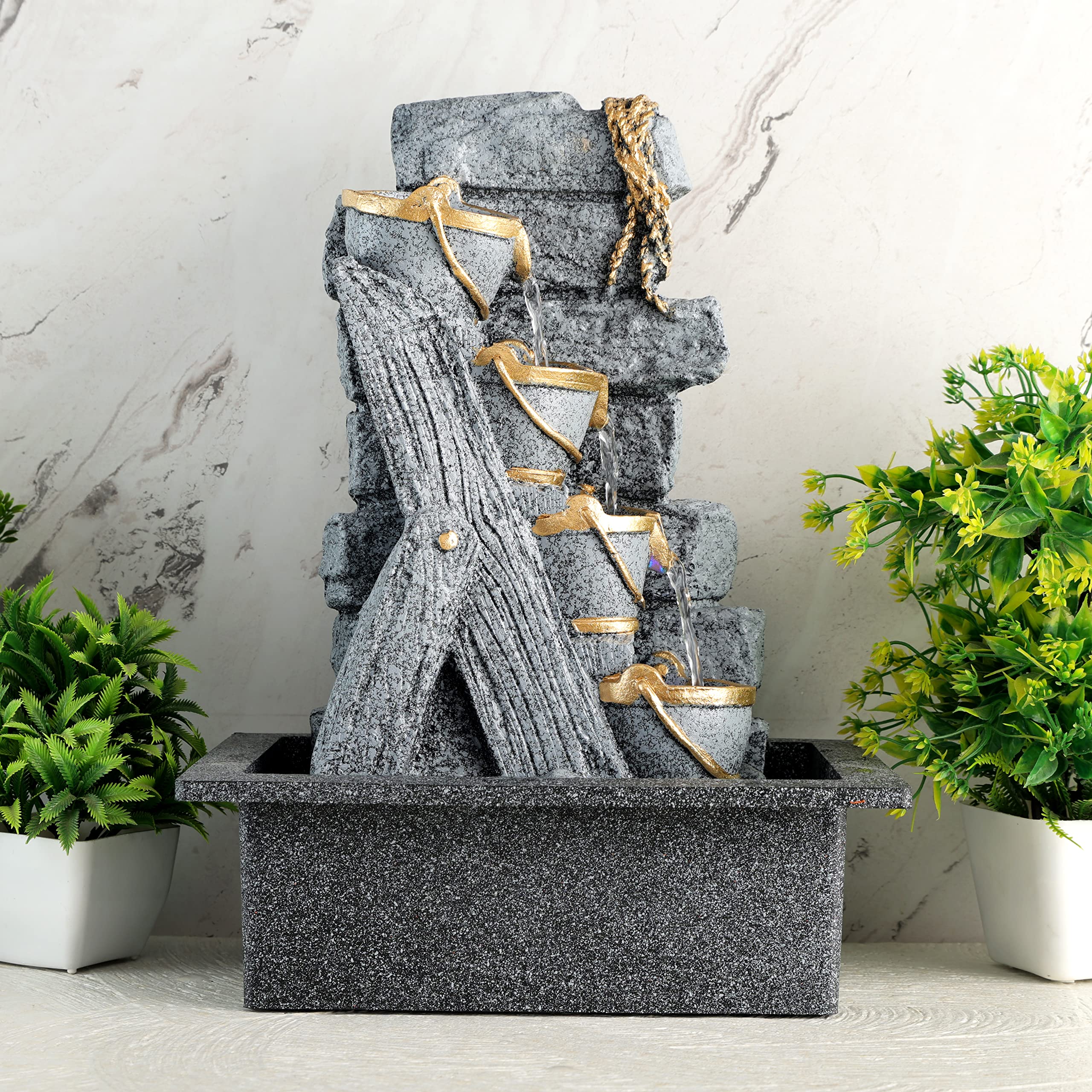 Global Grabbers Polyresin Table Top Indoor Outdoor Water Fall Fountain with LED Lights Home Decor Decoration Gift Gifting Items-STN_Gry-SF3-image-26