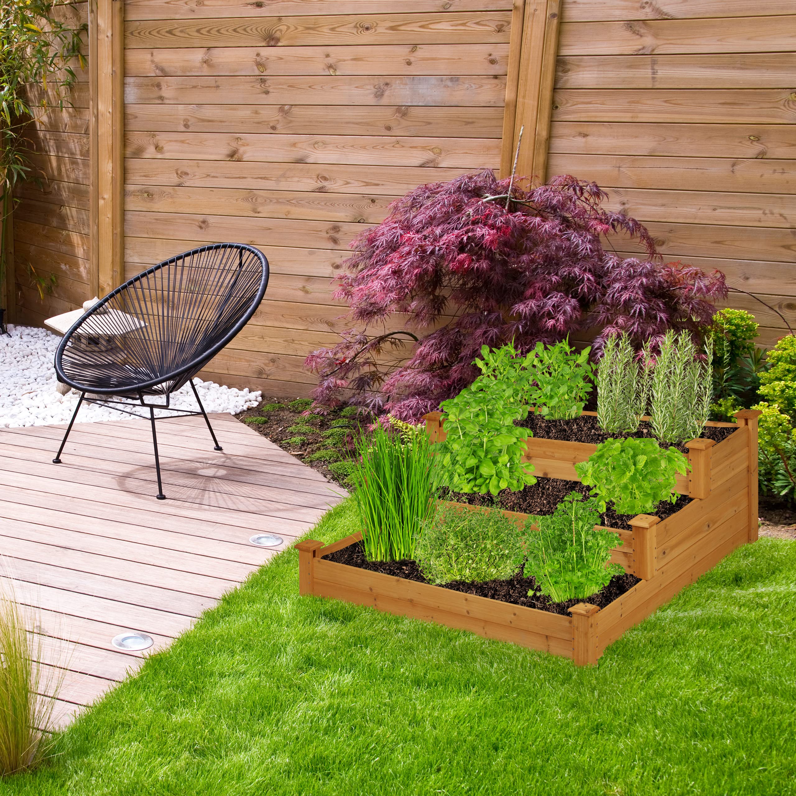 Relaxdays Carré Potager 3 Niveaux, jardinière en escalier, HLP : 46x122x122 cm, Sapin, Parterre Jardin, terrasse, Nature