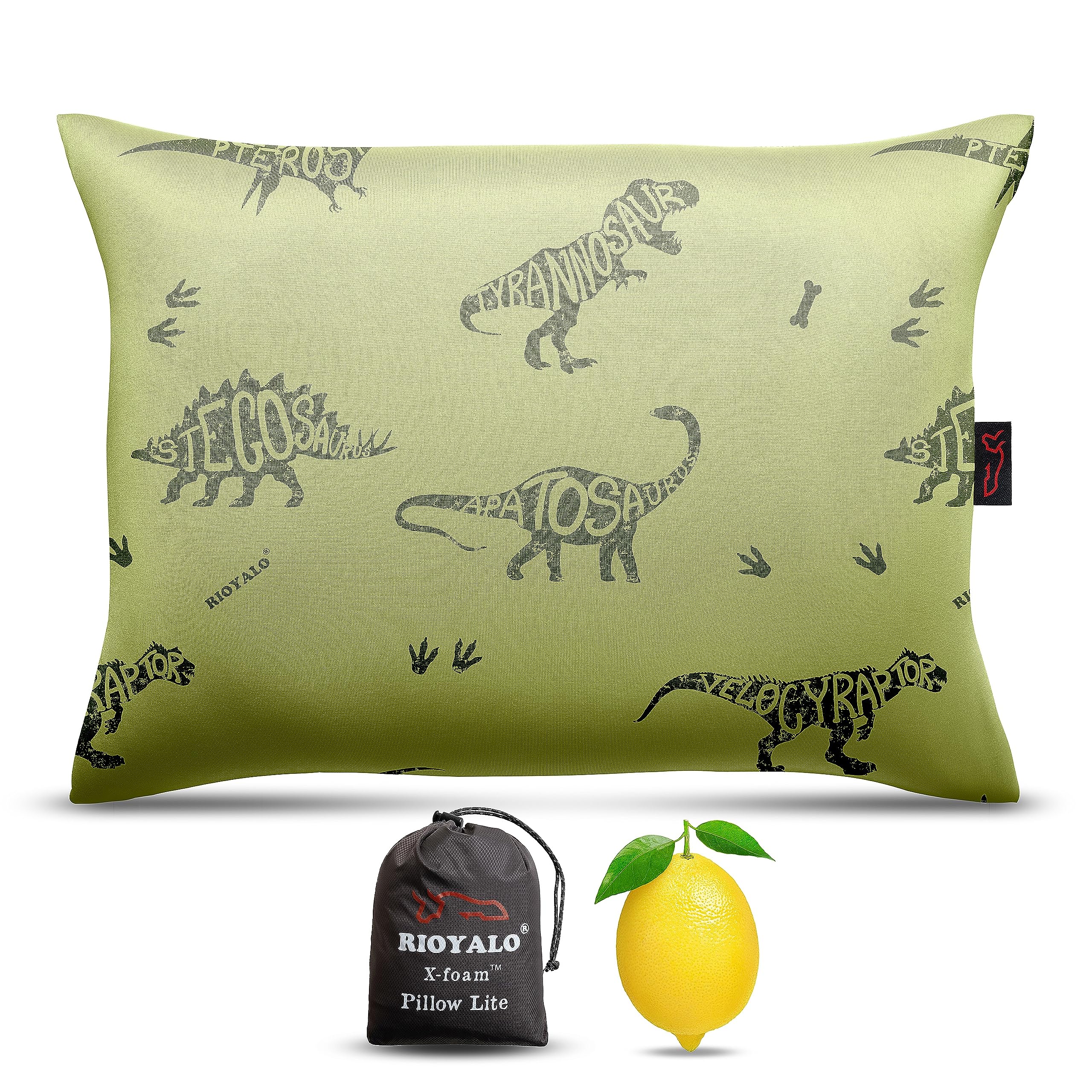 RioyaloX-Foam Kids Inflatable Camping Pillow Lite w. Removable Foaming Cover for Boys | Dinosaur | Comfortable, Washable, Ultralight, Portable | Backpacking, Hiking, Travel, Air, Sleepover, Scouts