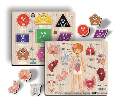 Image of Combo Wooden Shape & Human Body Parts Peg Puzzle for Kids | Montessori Educational Puzzle Board with Circle, Square, Eye, Ear, Hand & More | Early Learning Toy for Toddlers (Age 2+)