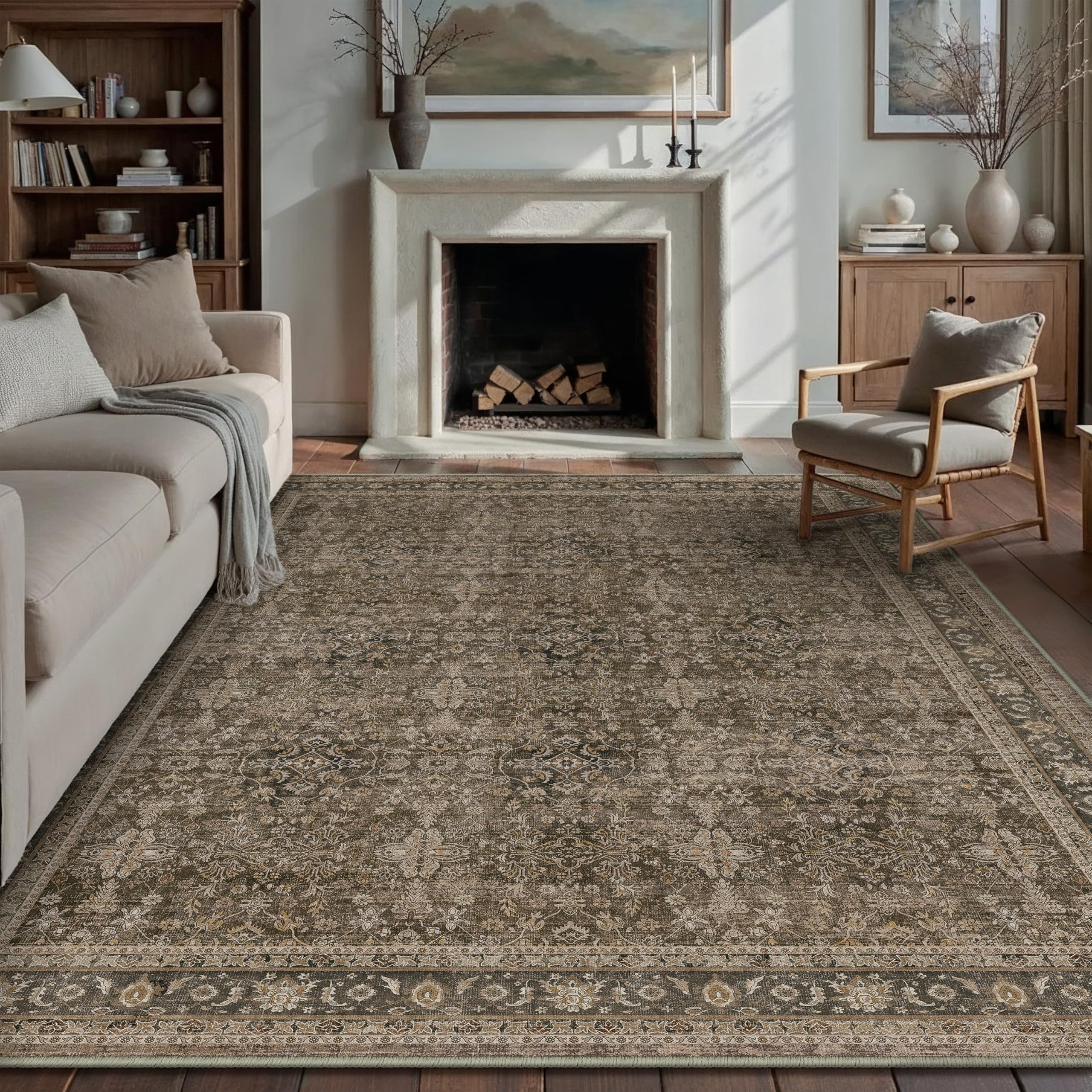 PureCozy Brown Area Rug 8x10 Living Room Machine Washable Vintage Carpet Non Slip Indoor Retro Traditional Accent Throw Large Rug for Office Bedroom Dining Room Playroom
