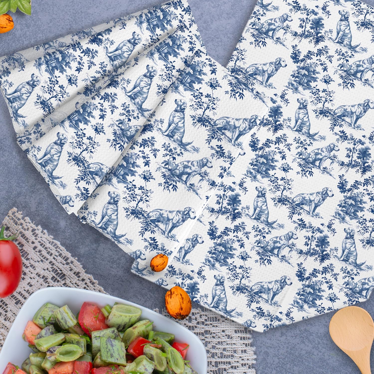 Chinoiserie Golden Retriever Kitchen Towels Set of 4,Blue and White Floral Golden Retriever Decorative Dish Tea Towels, Grandmillennial Botanical Dog Hand Towels for Kitchen Bathroom, 16x24 Inch