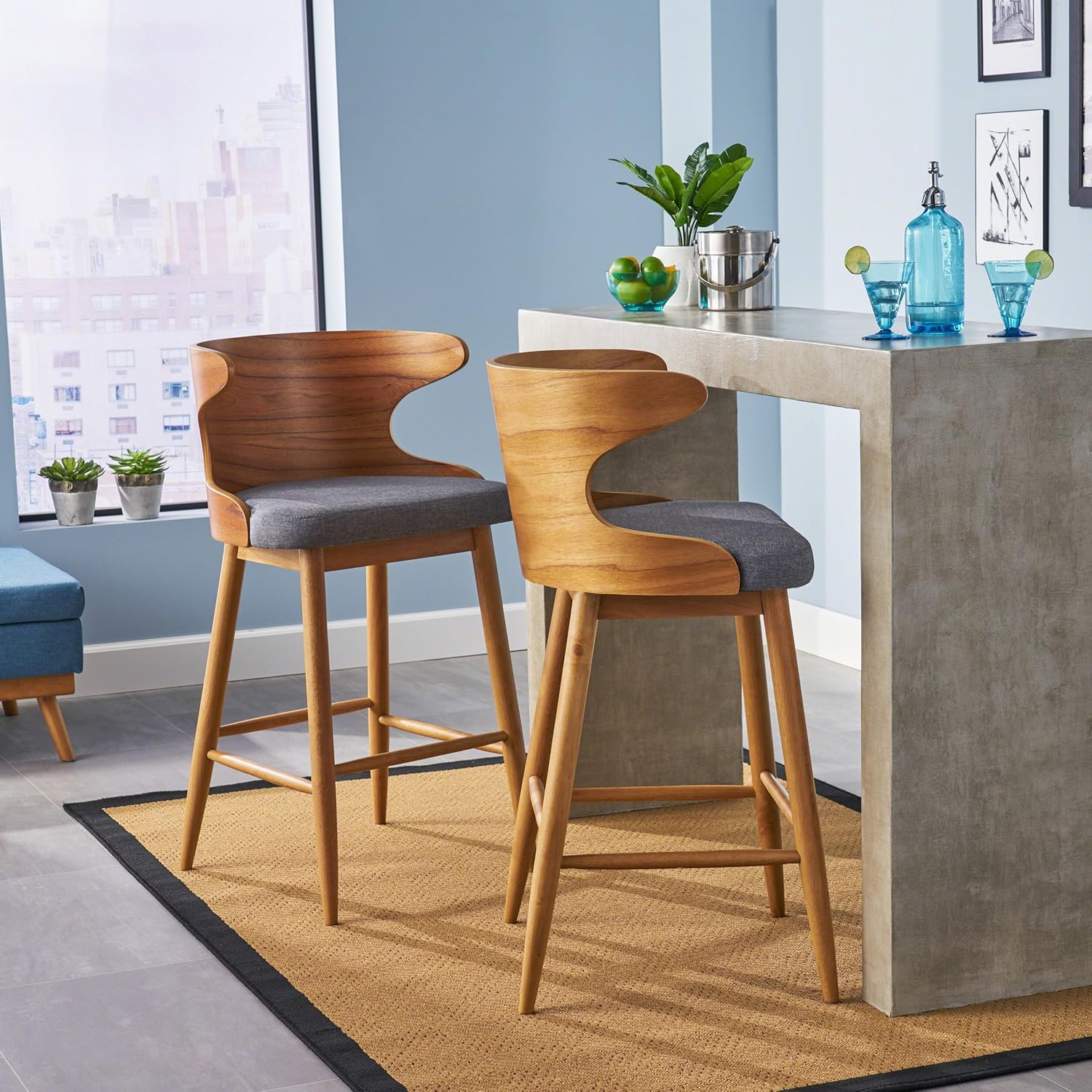 Christopher Knight Home Truda Mid Century Modern Fabric Barstools | Set of 2 | in Light Grey, Natural