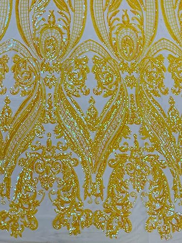 Miniatura 4 de New Creations Fabric & Foam Inc, Diseño de damasco imperio con lentejuelas bordadas en una tela de malla elástica de 4 vías (1 yarda, amarillo