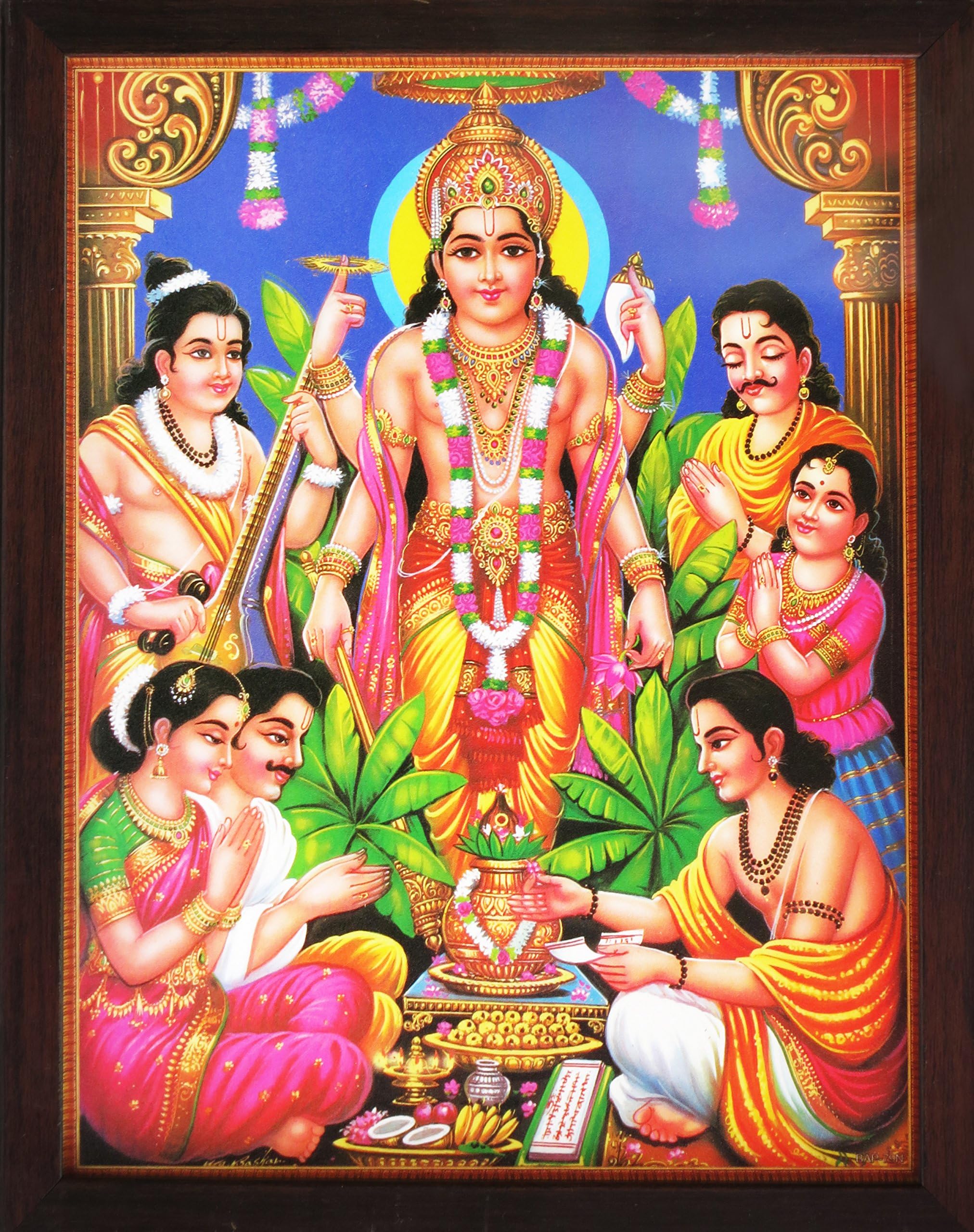 HandicraftStore Indian Followers Worshipping Lord Vishnu and Narad, a Poster Painting with Framing, Must for Hindu Religious and Worship Purpose