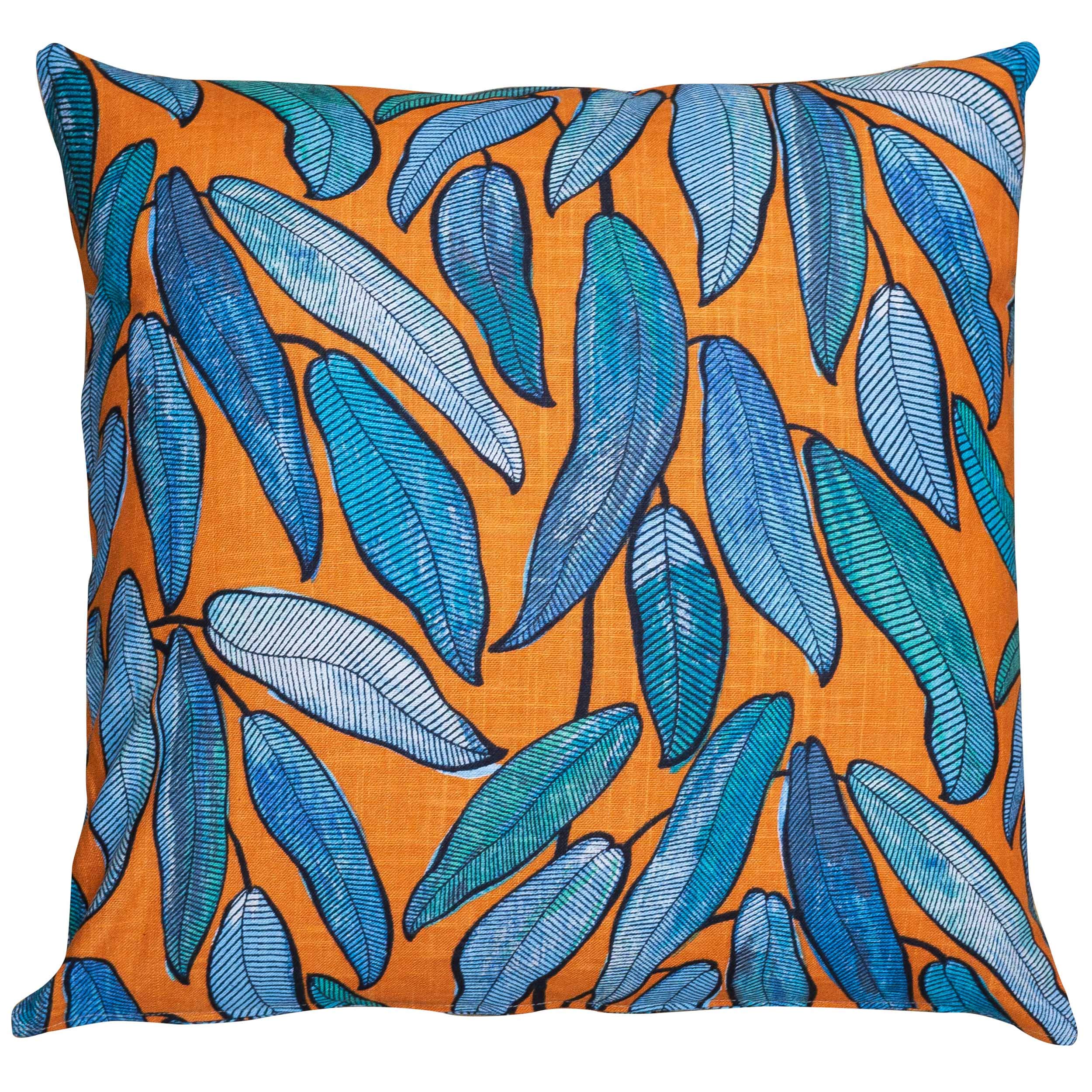Linen Loft Orange Extra-Large Tropical Jungle Leaves Cushion Cover. Linen Blend All Natural Fabric. 23X23" Xl Square. Exotic Petrol And Teal Blue, Green & Tango Cover Only.