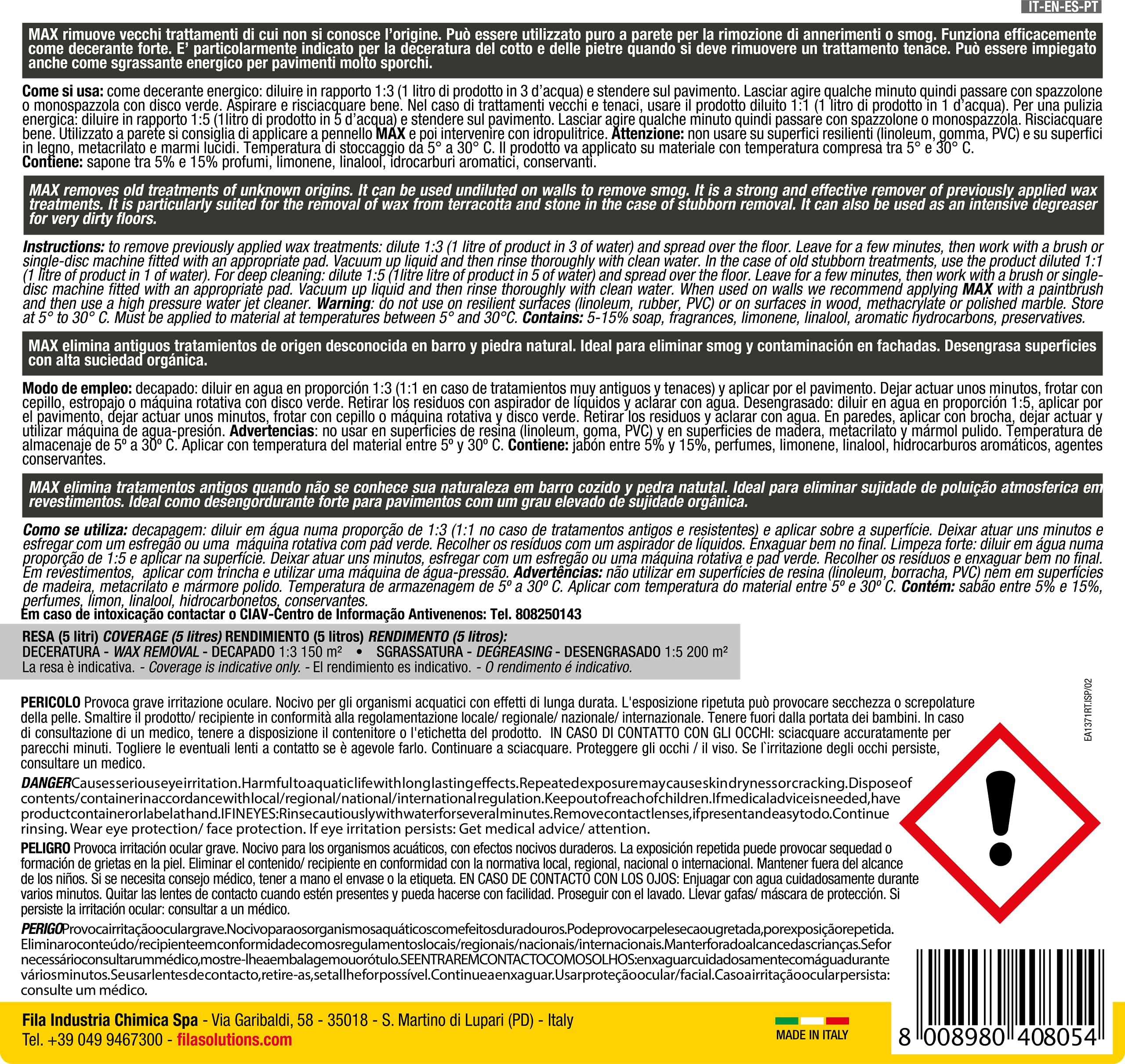 FILA Surface Care Solutions, MAX, Detersolvente e Decerante per Cotto, Klinker, Gres, Cemento, Ceramica Smaltata, Pietraed Agglomerati non Lucidi, 5L