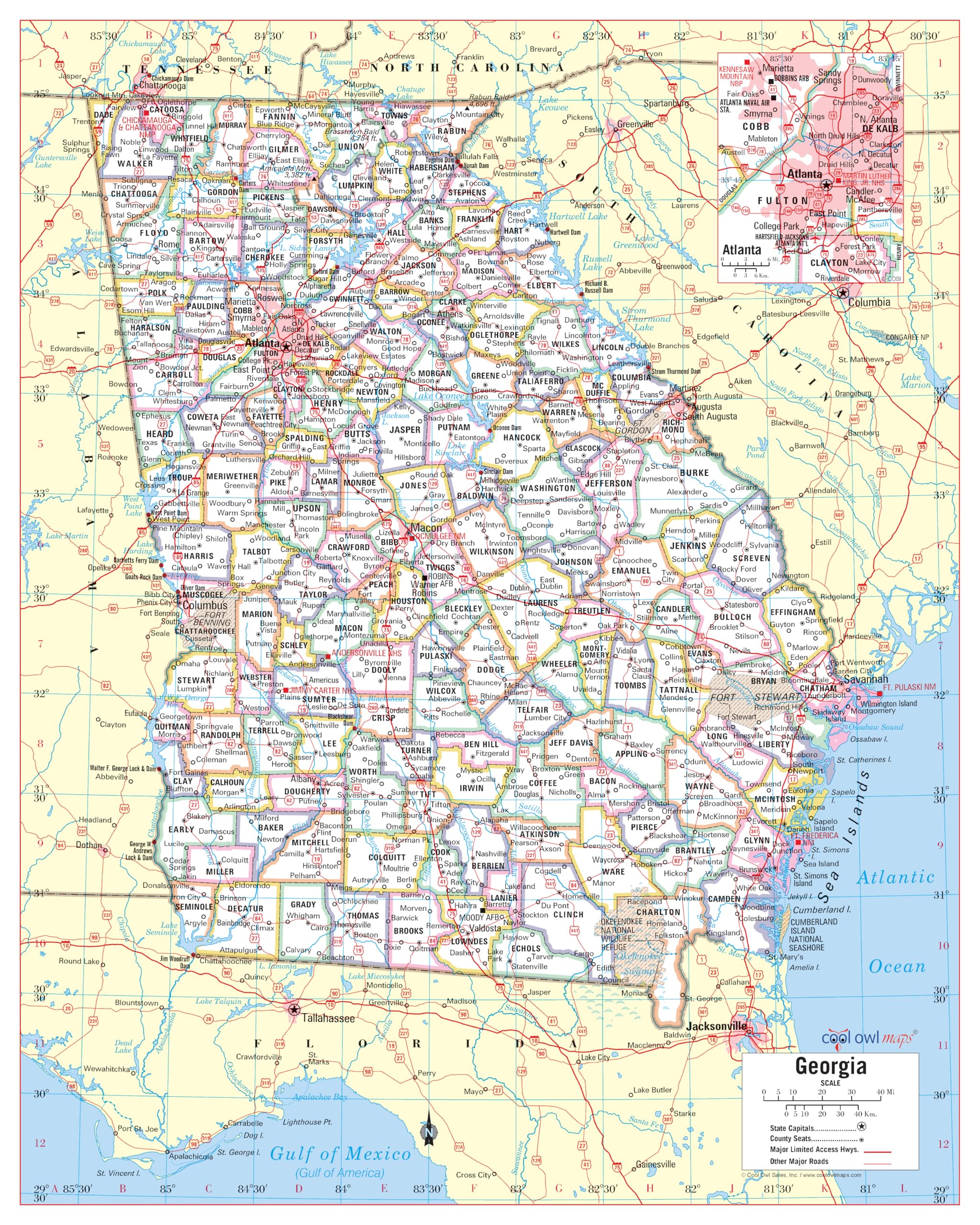 Cool Owl Maps Georgia State Wall Map Poster Rolled 24"Wx30"H (laminated)