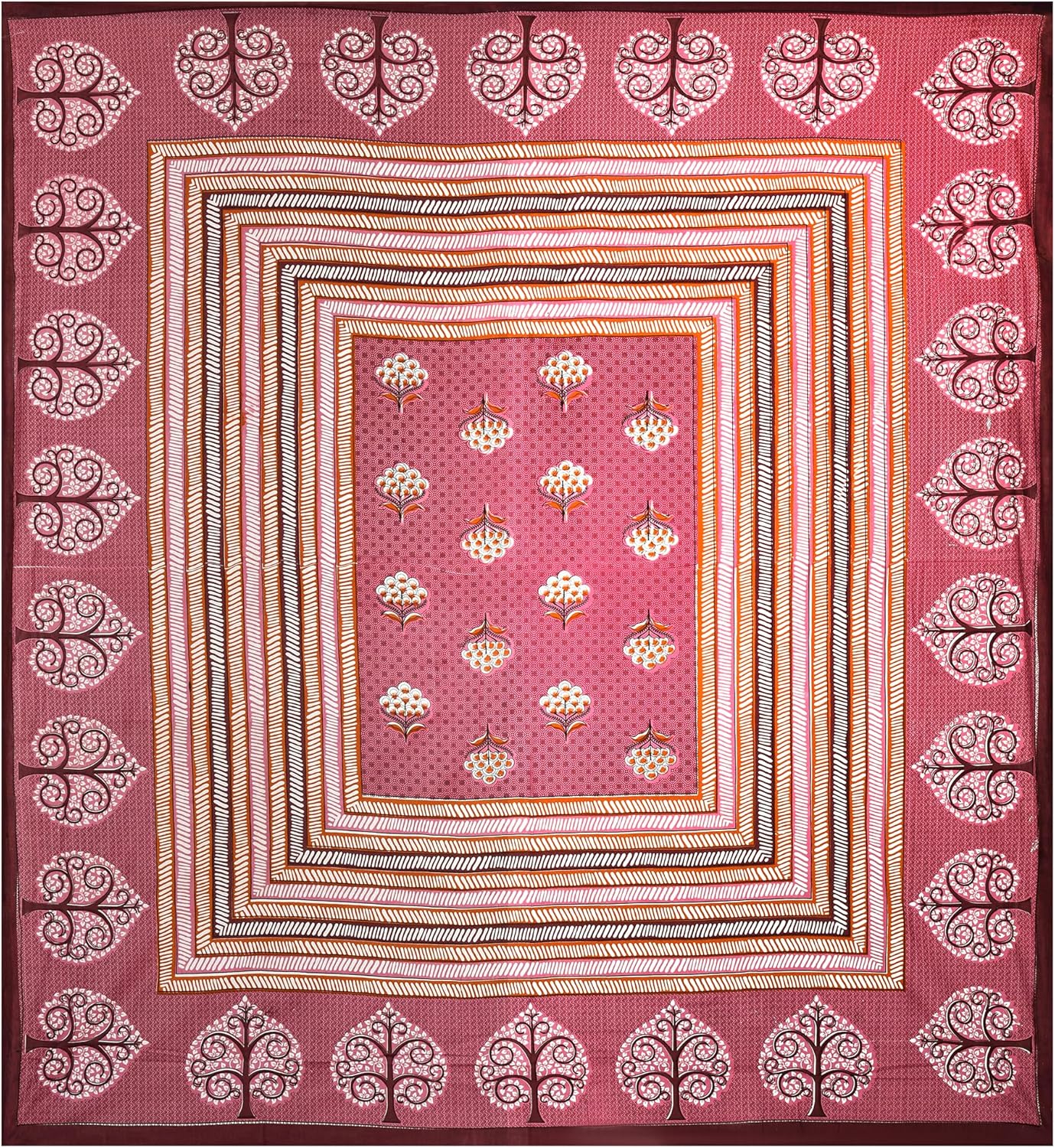 Cotton Bedspread with Floral Patterns, Queen Size, Purple and Orange