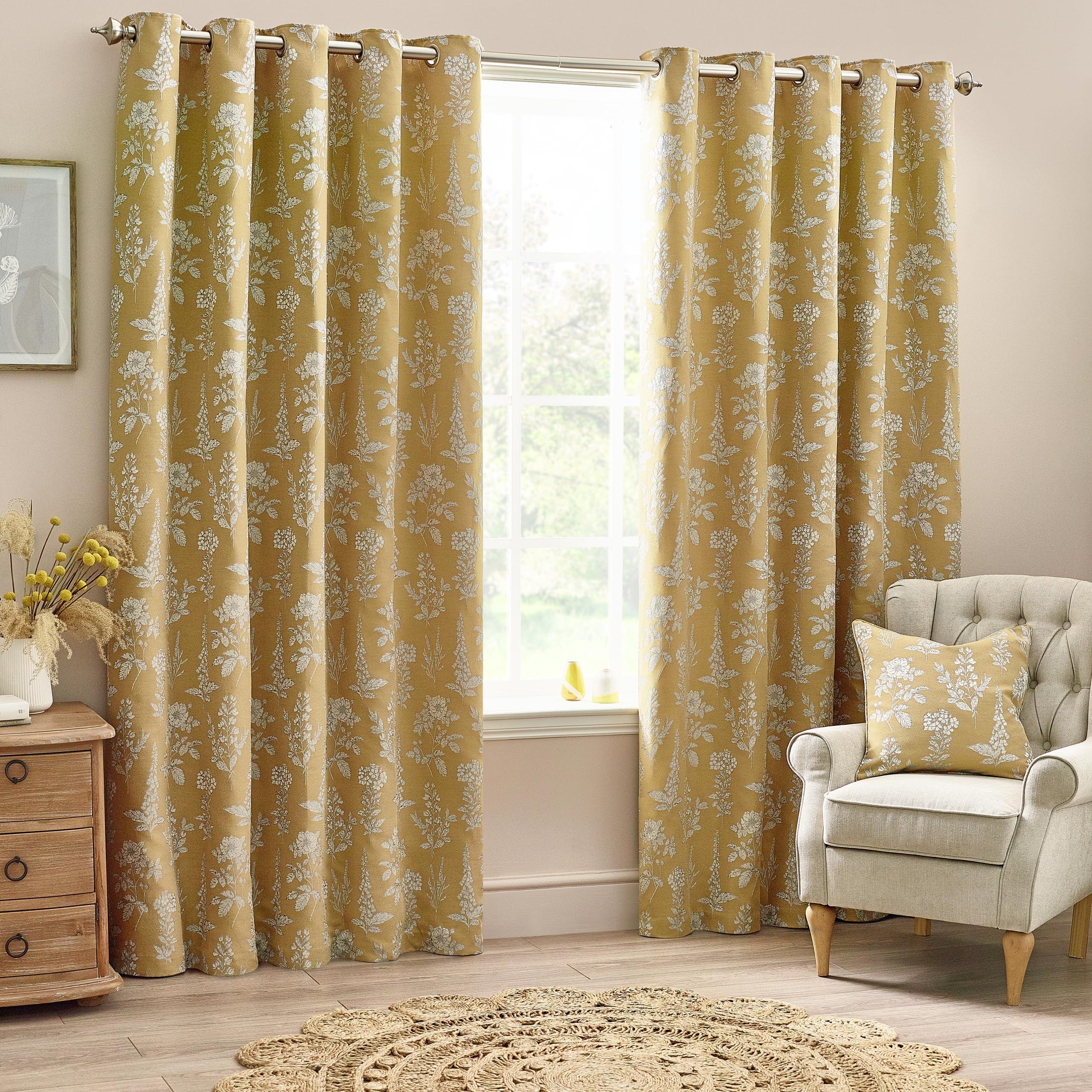 furn. Wylder Sophia Eyelet Curtain Pair – Room Darkening Jacquard Botanical Embroidered Lined Luxury Curtains (Gold – Width 229 x Drop 137cm)