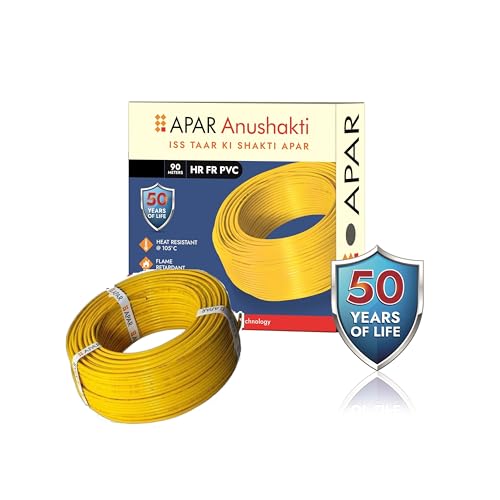 Image of APAR ANUSHAKTHI 1.5Sq mm 90m HEAT RESISTANT(@ 105*C) FLAME RETARDANT PVC Powered by E-BEEM TECHNOLOGY Single Core CLASS 5 COPPER Conductor Wire for Domestic & Industrial Electrical Wiring. (YELLOW)