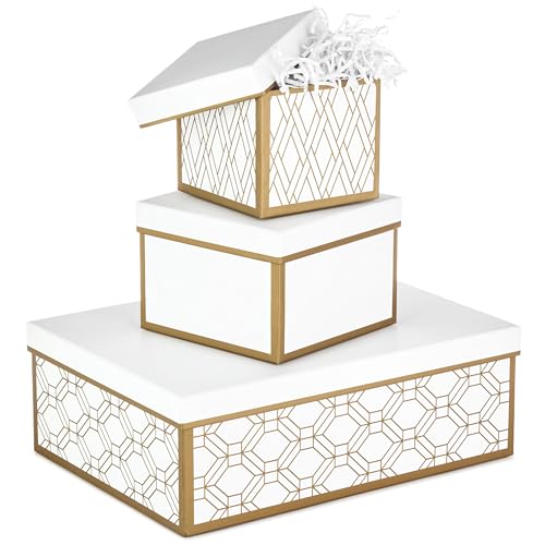 Hallmark Nested Gift Boxes with Lids and Fill (Set of 3, White and Gold, Assorted Sizes)...