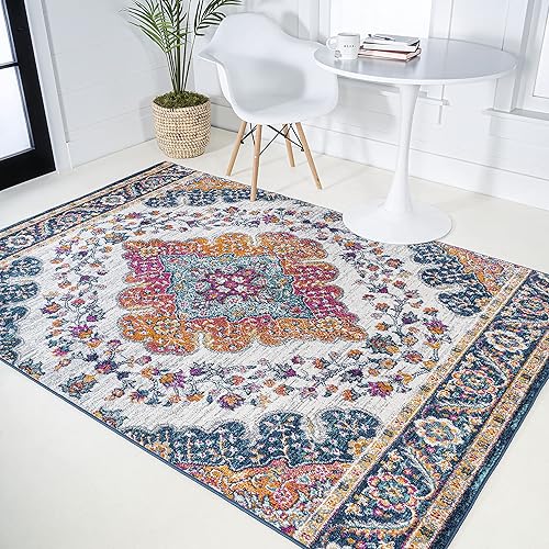 JONATHAN Y Boho Vintage Blue/Multi Indoor Area Rug, 5x8, Bohemian Flair Medallion, Floral Easy-Cleaning High Traffic for Living Room, Bedroom, Kitchen, Pet-Friendly, Non-Shedding (BMF106A-5)