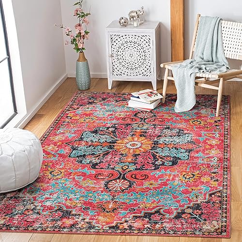 Wonnitar Boho Area Rug, Washable 3x5 Rug for Bedroom Hot Pink Floral Bathroom Throw Rug Non-Slip Vintage Bath Math, Oriental Soft Indoor Carpet for Entry Nursery Girls Room (Hot Pink,3'x5')