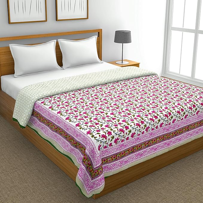 BLOCKS OF INDIA 100% Cotton Dohar King Size Reversible Hand Block Printed Malmal Summer Dohar (Pink BEL)