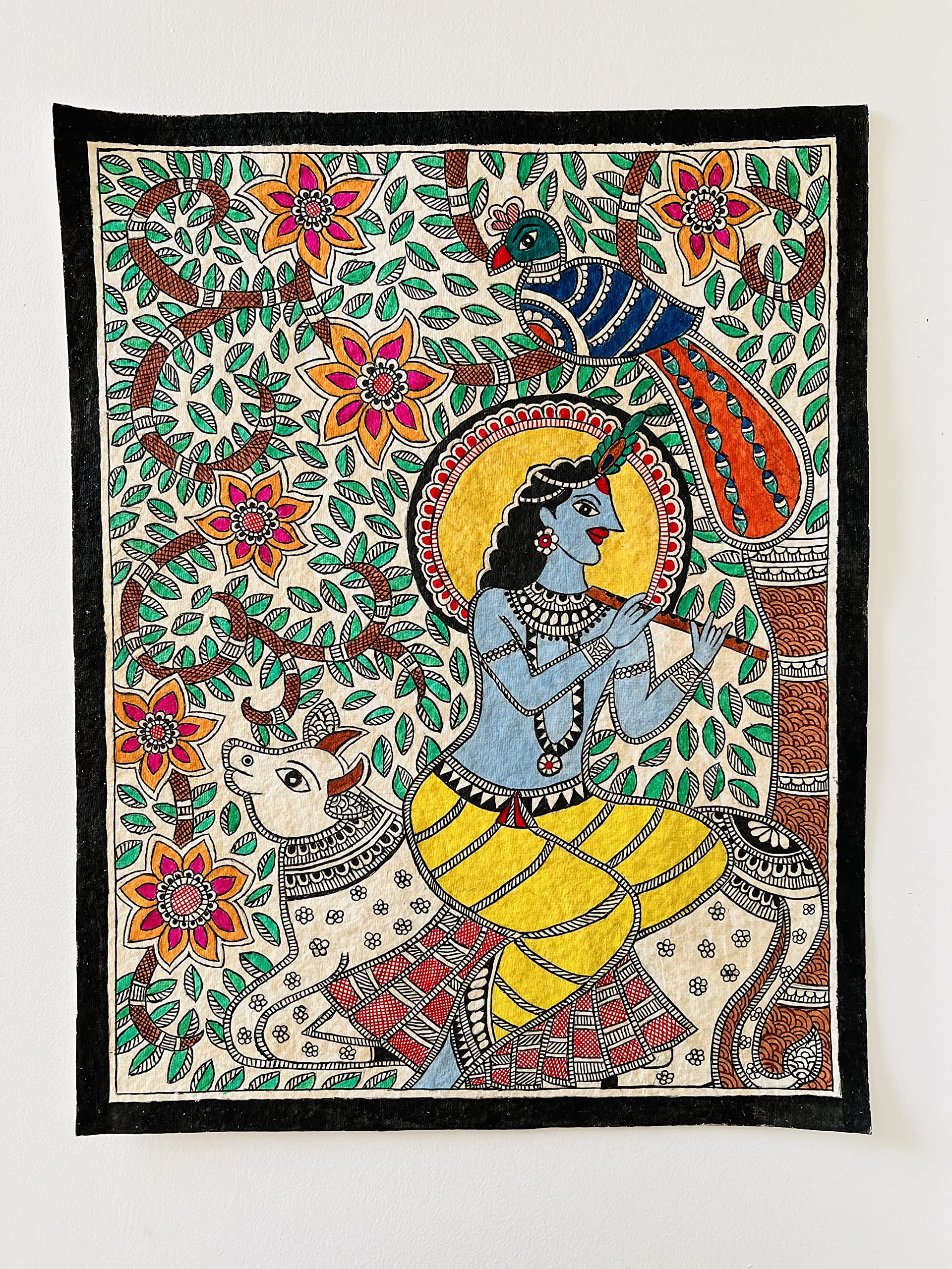 Lord Ganesha with Riddhi and Siddhi - Madhubani/Mithila Painting (Size- 44"x23", On Silk)