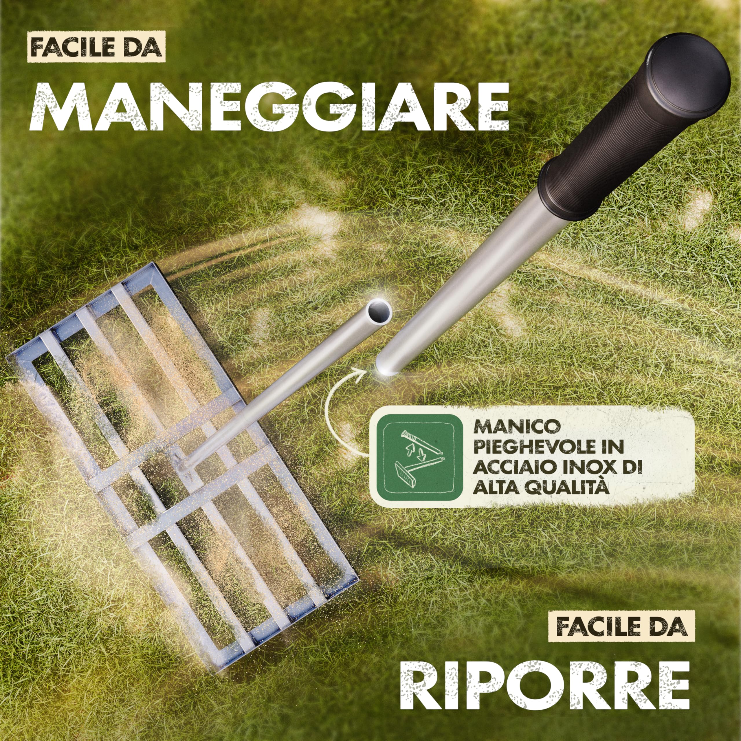 GARLINGO Rastrello per prato | 75 x 35 cm | incl. 1,7m di ASTETTO in metallo | Rastrello per prato per sabbiare il prato, livellare la sabbia del prato, aeratore Rasen Leveling rake