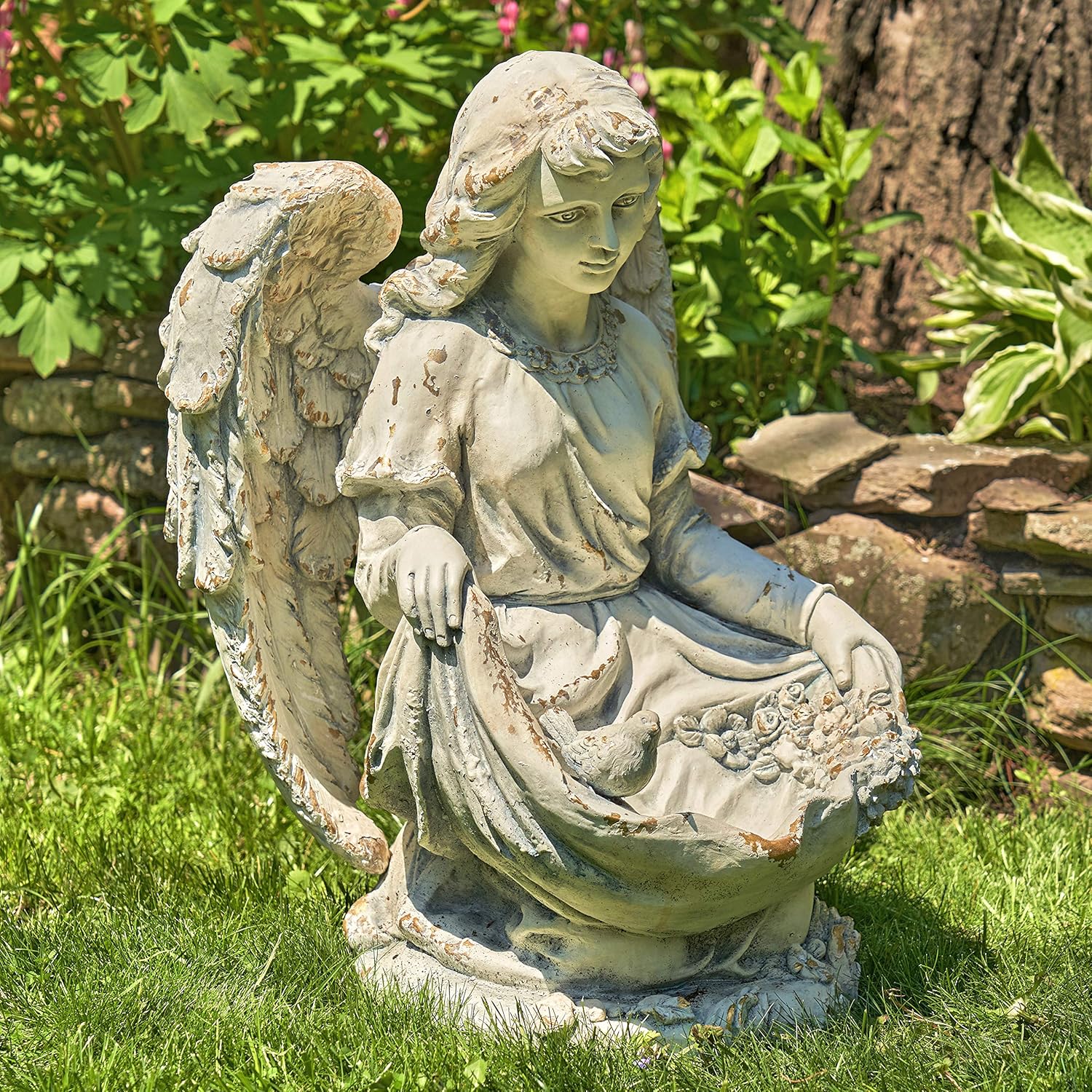 Zaer Ltd. Large Magnesium Angel Statues (Outdoor Safe) (24”T Kneeling with a Dress Birdbath Cassiel)