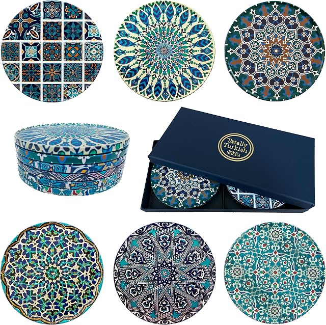 Totally Turkish  Patterned Drink Coasters Set of 6  Giftable Design Drinks Mat Set  Non-Scratch Top & Non-Slip Cork Base (Aegean)