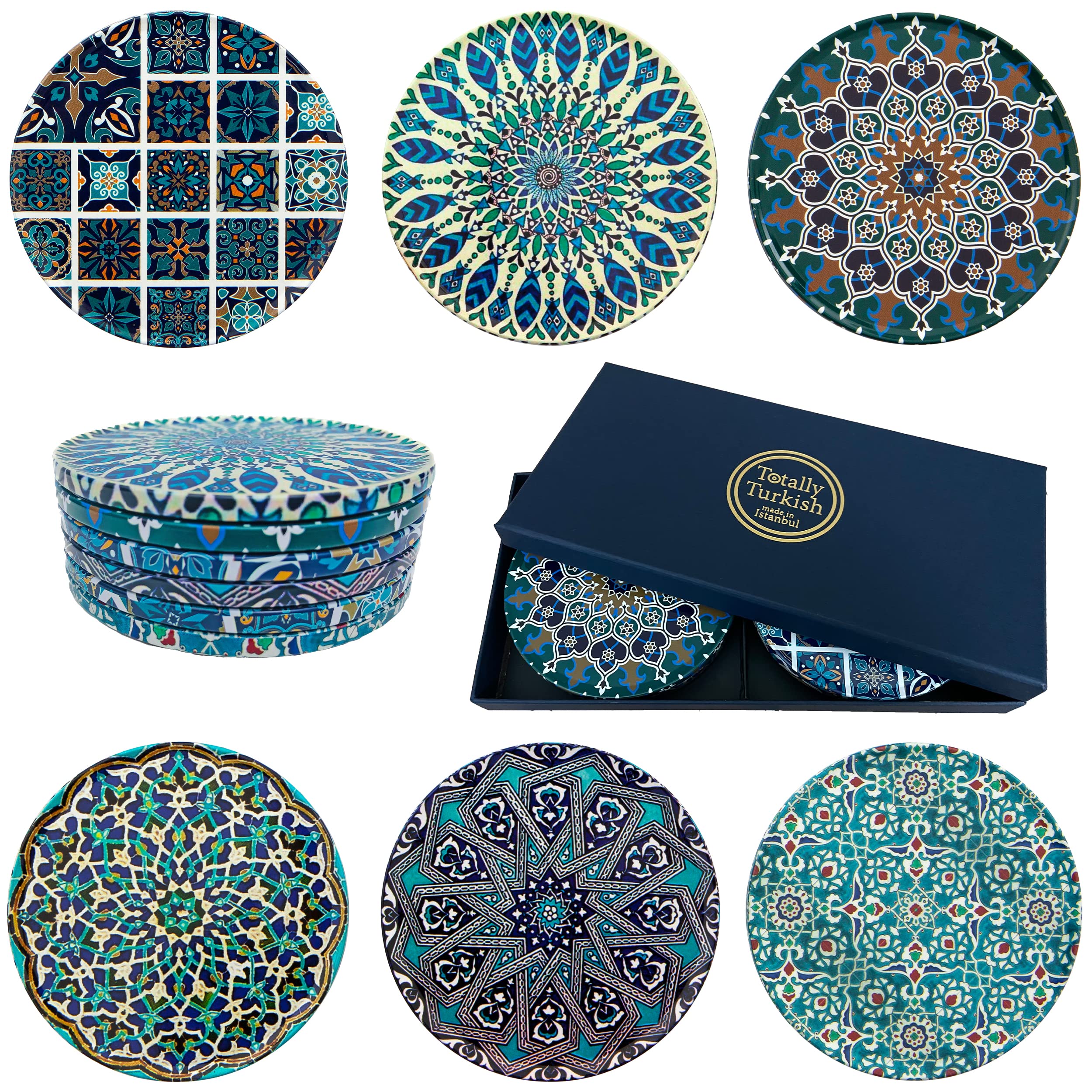 Totally Turkish Drink Coasters Set of 6 - Unique Mediterranean Design Coaster Set for Table Rustic Coasters with Non-Slip Cork Back - Cup Coasters Gift Sets (Aegean)