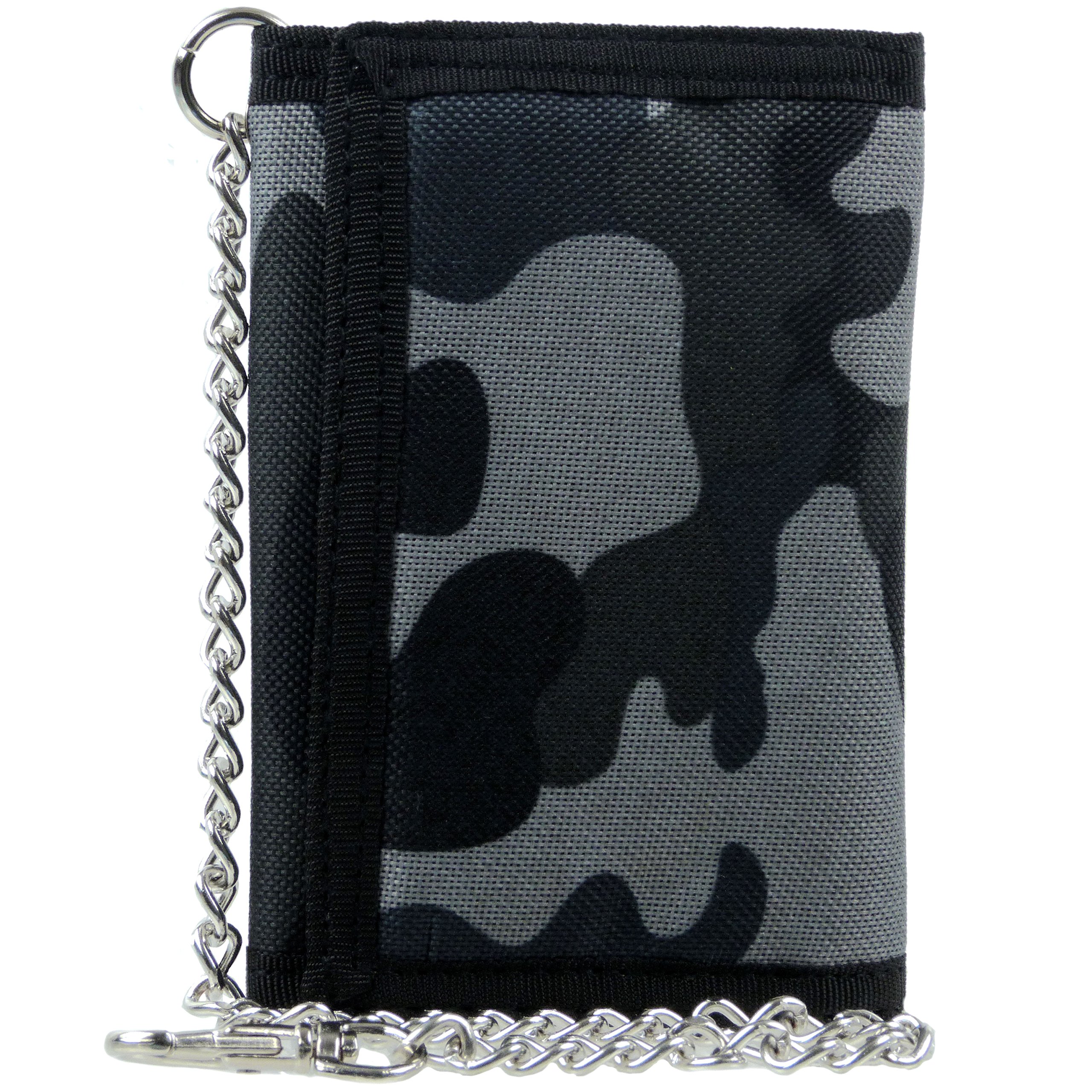 Catofree Men's Black/Grey Boys Camouflage Canvas Tri-Fold Wallet With Chain & Clip Camo Slim