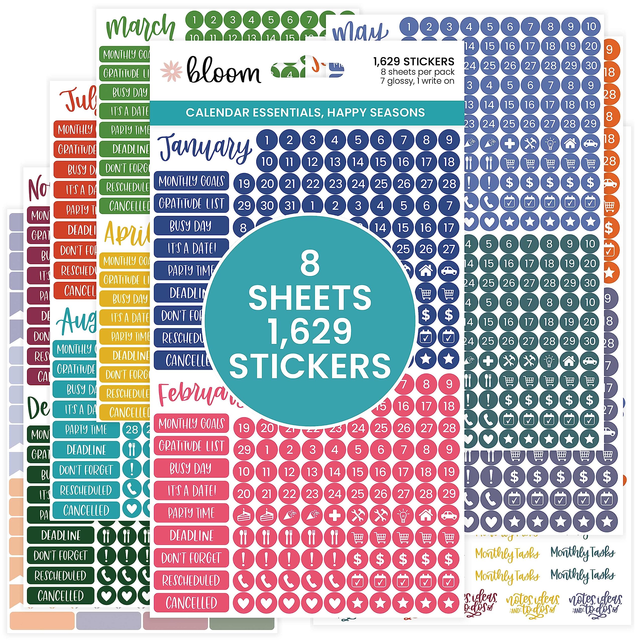bloom daily planners Bright & Colorful Calendar Essentials Planner Stickers - 8 Sheets, 1629 Stickers Per Pack! - Color Coordinating Monthly Headings, Dates, Icons, Etc. - Happy Seasons
