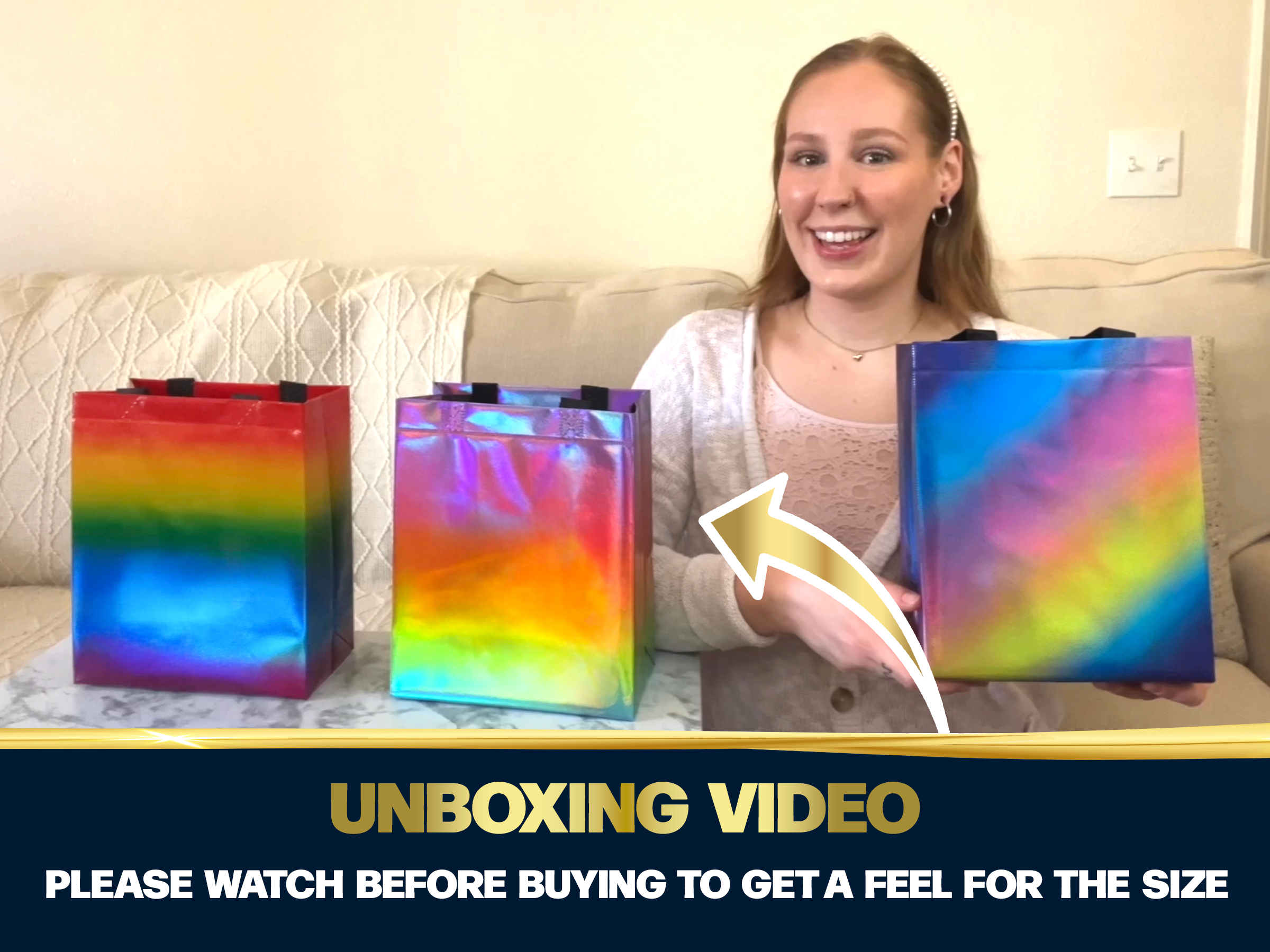 Nush Nush Rainbow Gift Bags in 3 Colorful Design - Set of 12 Reusable Gradient Gift Bags With Handles - Ideal Goodie Bag for Birthday Party Favors, Thanksgiving, Holiday, Kids Party - 8"x4"x10"