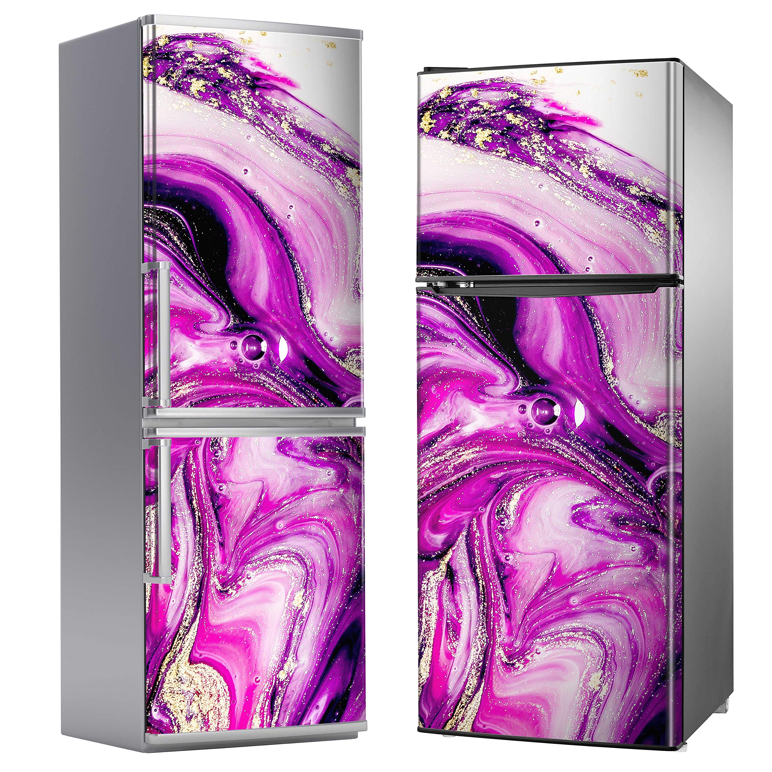 Autocollant Vinyle Décoratif Pour Frigo, Motif Fleurs Jaune Et Magenta, Rectangulaire, Amovible Et Waterproof