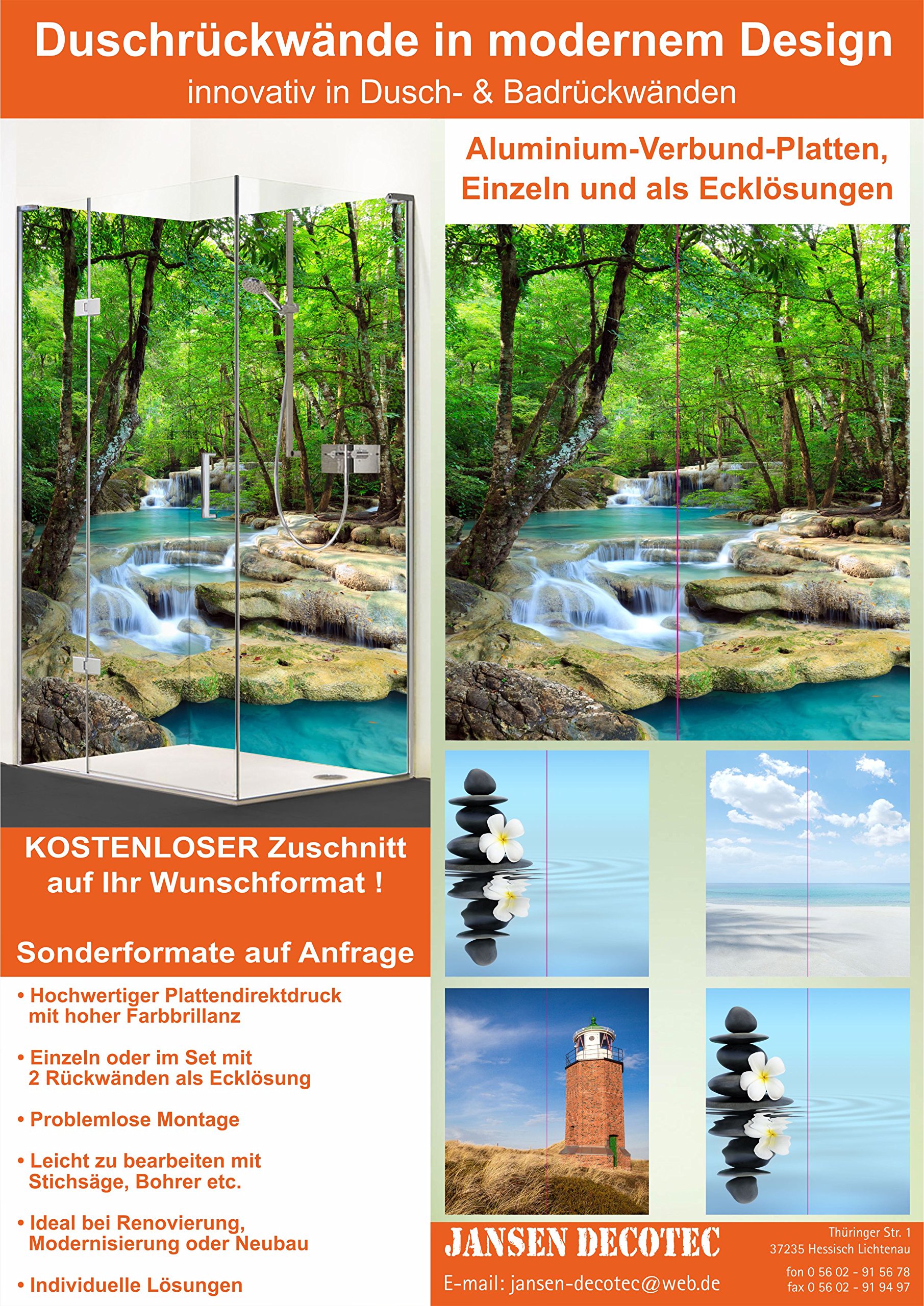 Eck-Duschrückwand 'Kaskaden Wald' – 2 Segmente, Links 90x200 Cm, Rechts 120x200 Cm, Alu-Verbundplatte, Made In Germany