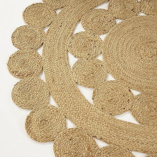 Vista 53 de GRUHUM Alfombra tejida a mano de yute redonda de 4 pies, de fibra natural, alfombra bohemia rústica, vintage, trenzada, reversible, ecológica