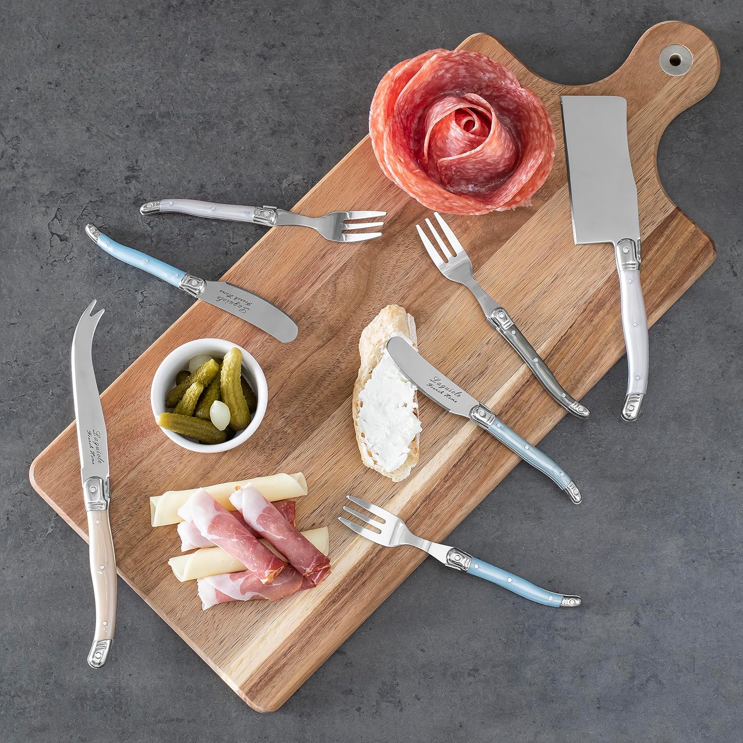 French Home 12 Piece Laguiole Charcuterie Set with Wood Serving Board (Mother of Pearl) – Cutlery Set Cheese — Serving Utensil Set — Charcuterie Tools