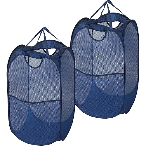 2 Pack - SimpleHouseware Mesh Pop-Up Laundry Hamper Basket with Side Pocket, Dark Blue