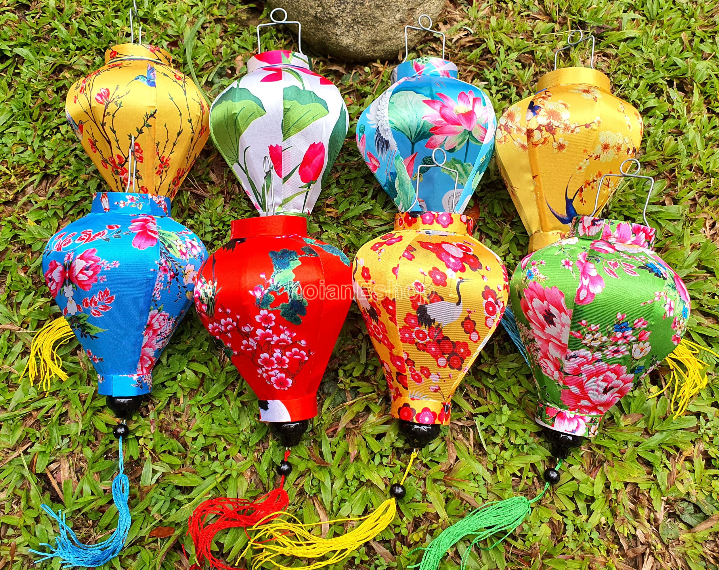 Set of 8 Hoi An Silk Lanterns with Flowers Fabric - 22cm Garlic Shape for Garden, Wedding & Interior Decor