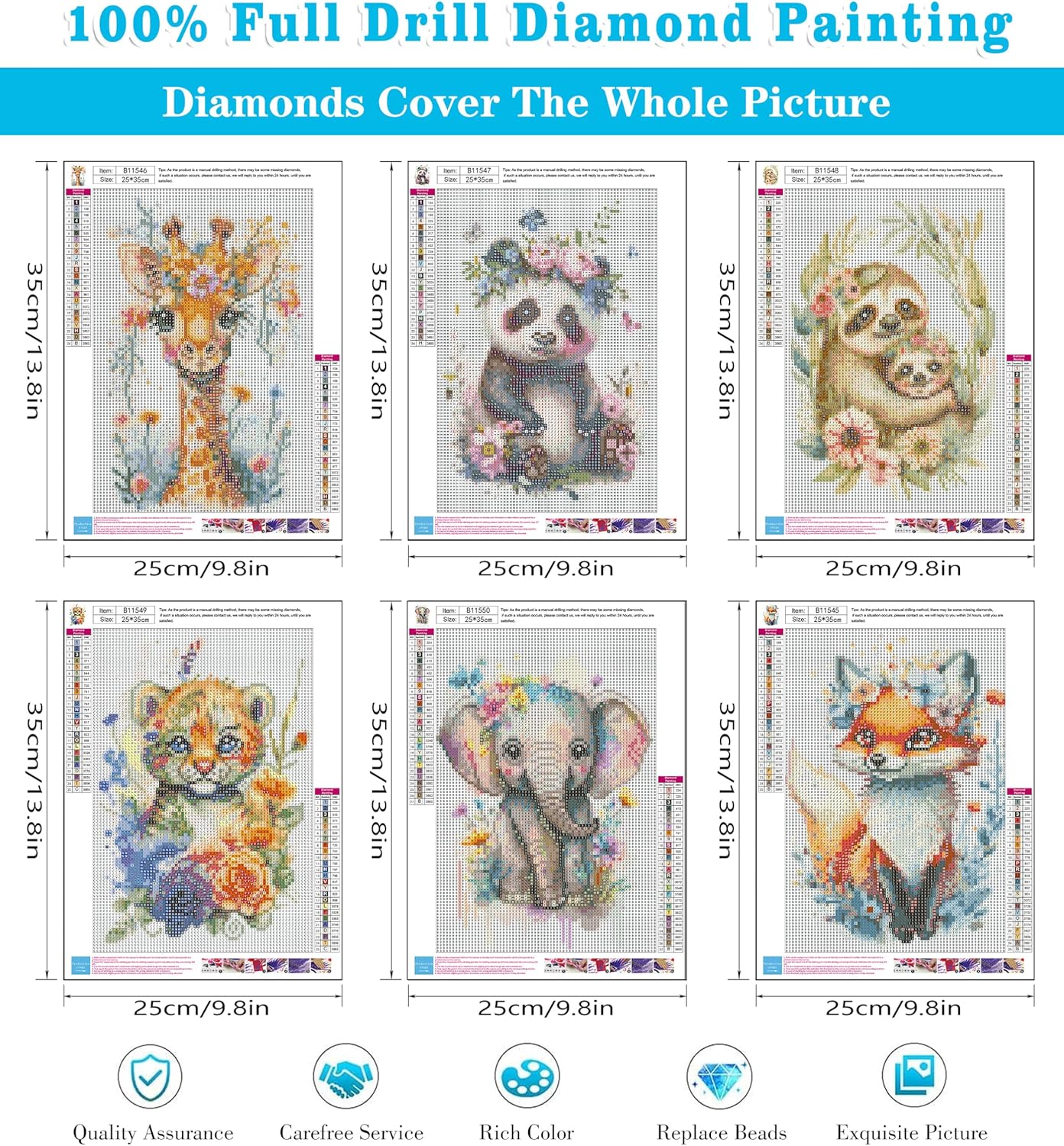 Meothan 6 Pack Diamond Painting Kits, Animal Diamond Art Kits for Adults Full Drill Diamond Paintings Kits for Adults Beginners DIY Animal Diamond Painting Set Gem Art Wall Decor 9.8x13.8inch