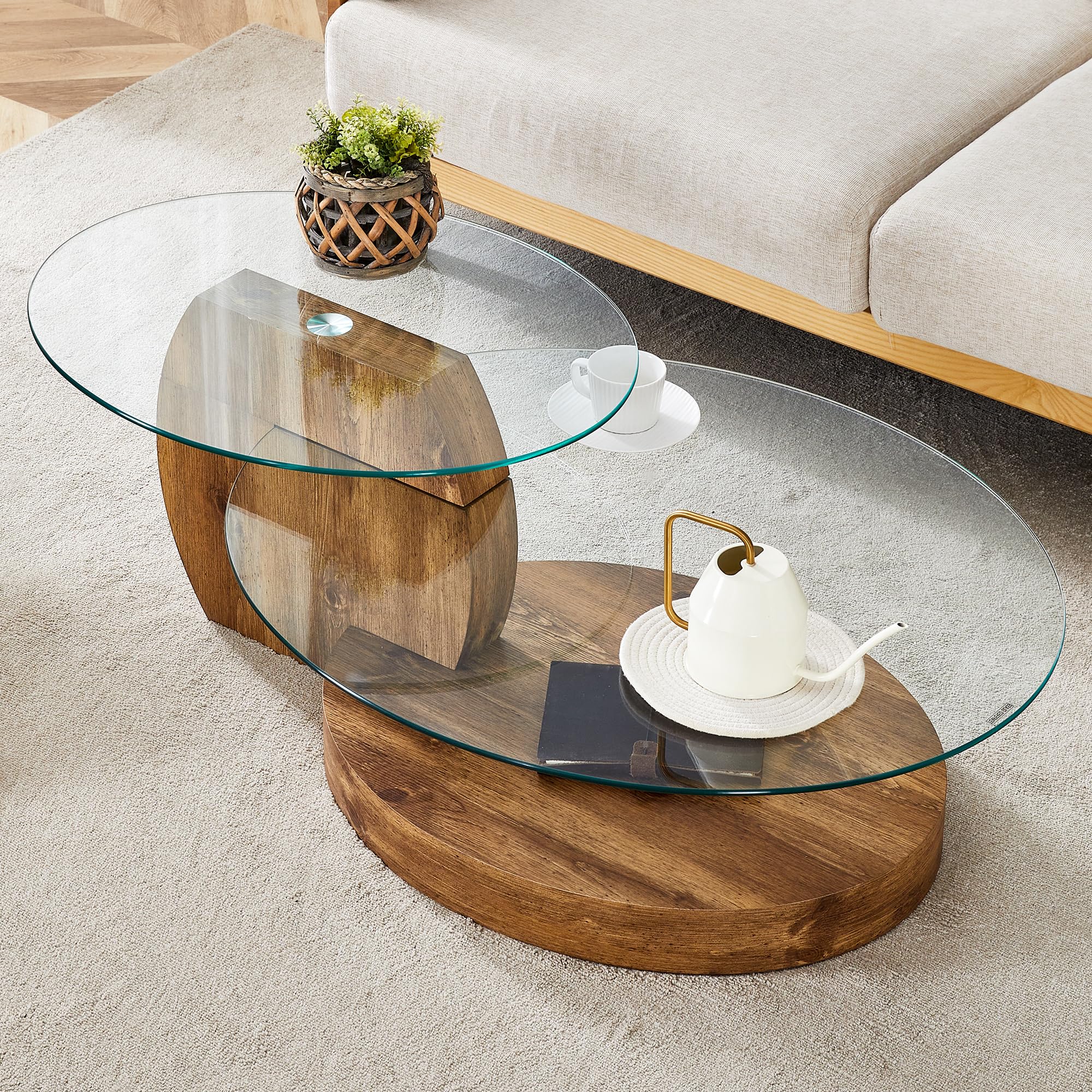 Ebullient Glass Coffee Table, 42" Round Coffee Table, 2-Tier Glass Tabletop with Dark Wood Base, Easy to Maintain and Assemble, Ideal for Dining Room,