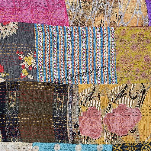 Miniatura 4 de Colcha de seda india Kantha de retazos de seda tamaño Queen Twin Patola Colcha