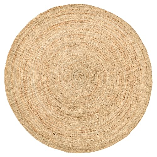HOMEMONDE Round Handwoven Braided Jute Area Rug 5' Natural, Reversible