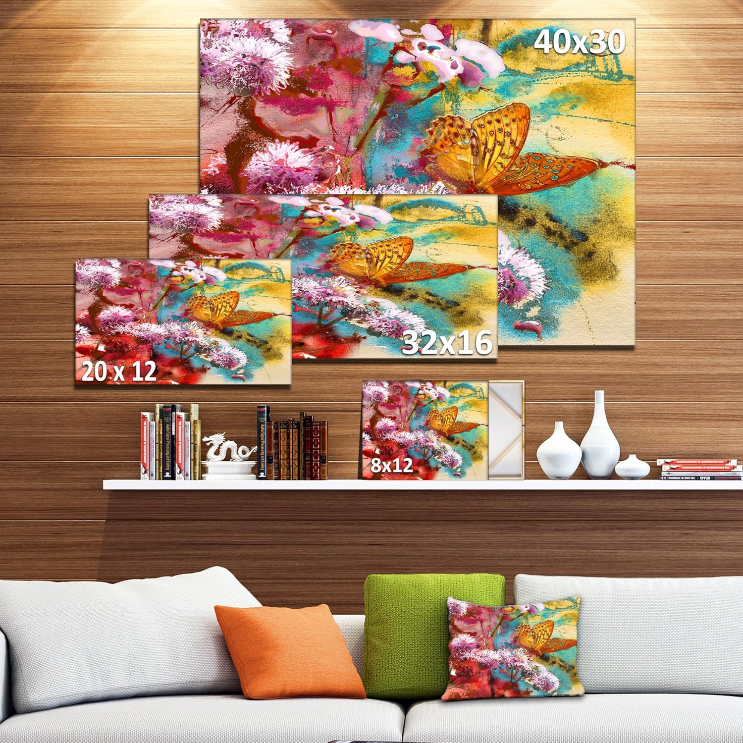Designart Butterfly and Abstract Design Watercolor Canvas Artwork, 32x16