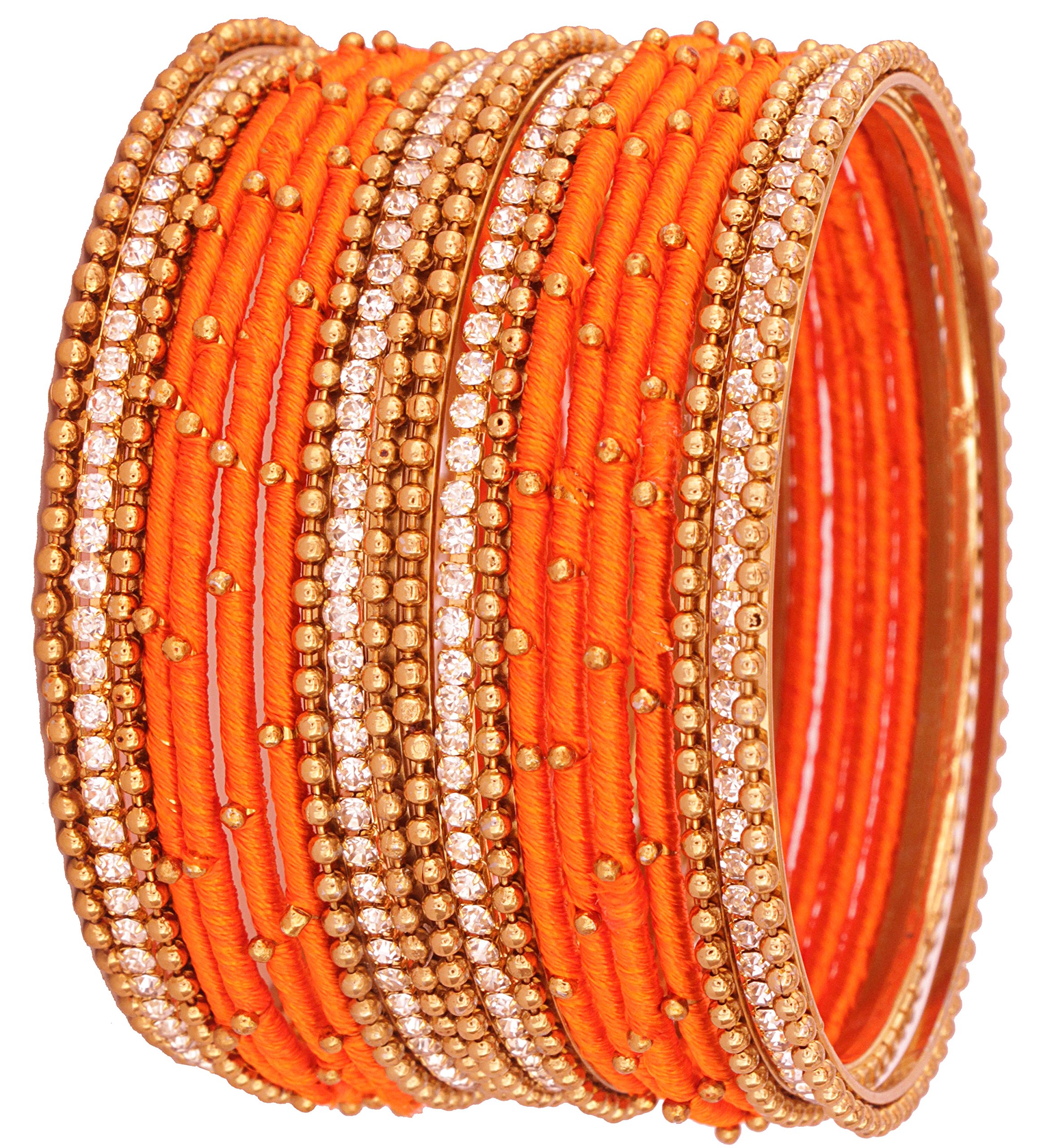 NMIINon-Precious Metal with Base Metal and Zircon Gemstone Studded Ball Chain Linked Glossy Finished Silk thread Bangle set for Women and Girls