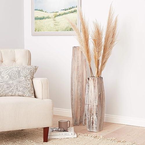 Miniatura 5 de KALALOU Juego de jarrones de madera oblongos altos lavados blancos, grandes y pequeños, marrón (CPP2022)