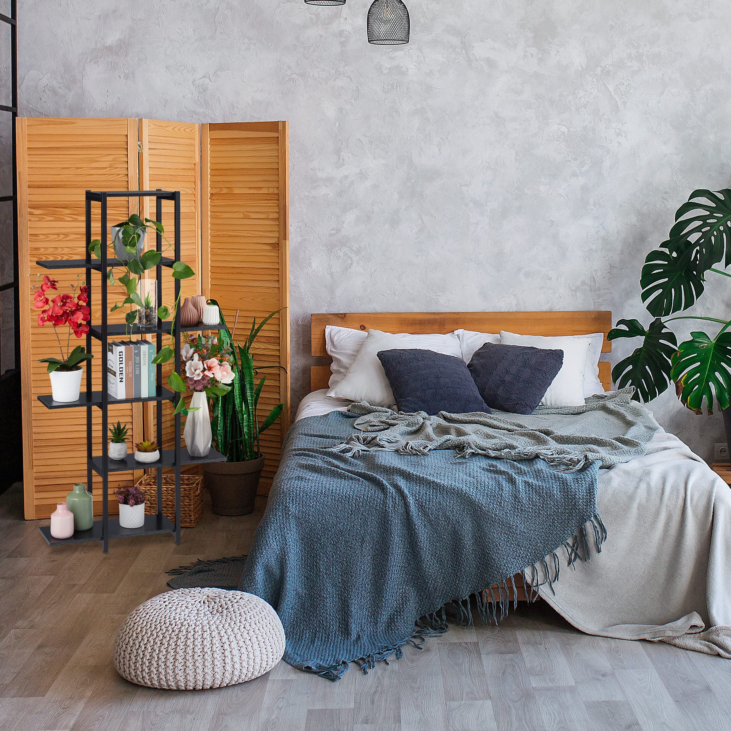 Relaxdays Étagère à Plantes, escalier Fleurs, 6 Niveaux, HLP 150 x 78 x 24 cm, Acier MDF, Support intérieur, Noir
