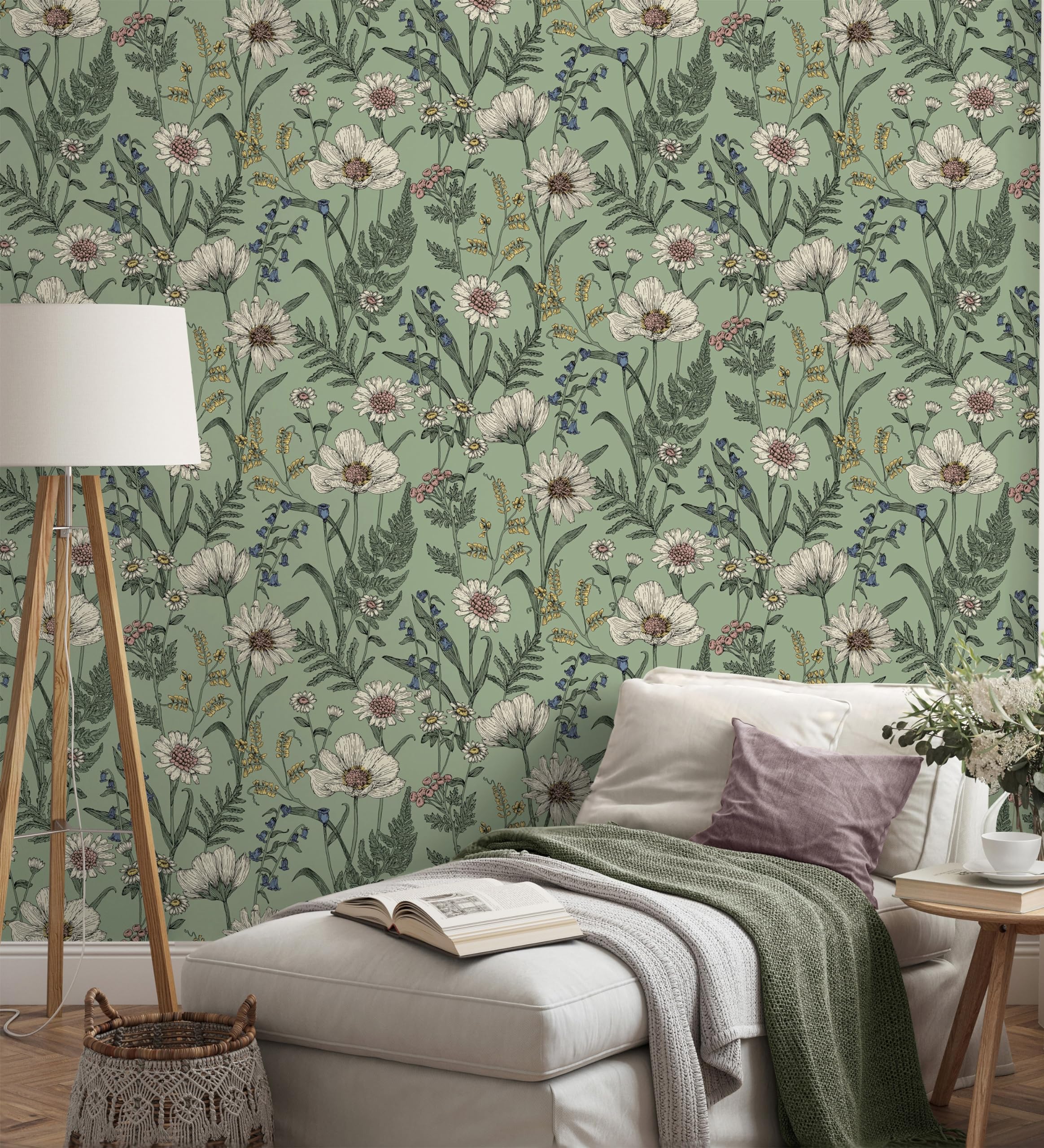 GAULAN 682381 - Papel pintado vinílico de flores silvestres con margaritas y amapolas fondo verde para pared salón cocina baño dormitorio pasillo - Rollo de 10 m x 0,52 m