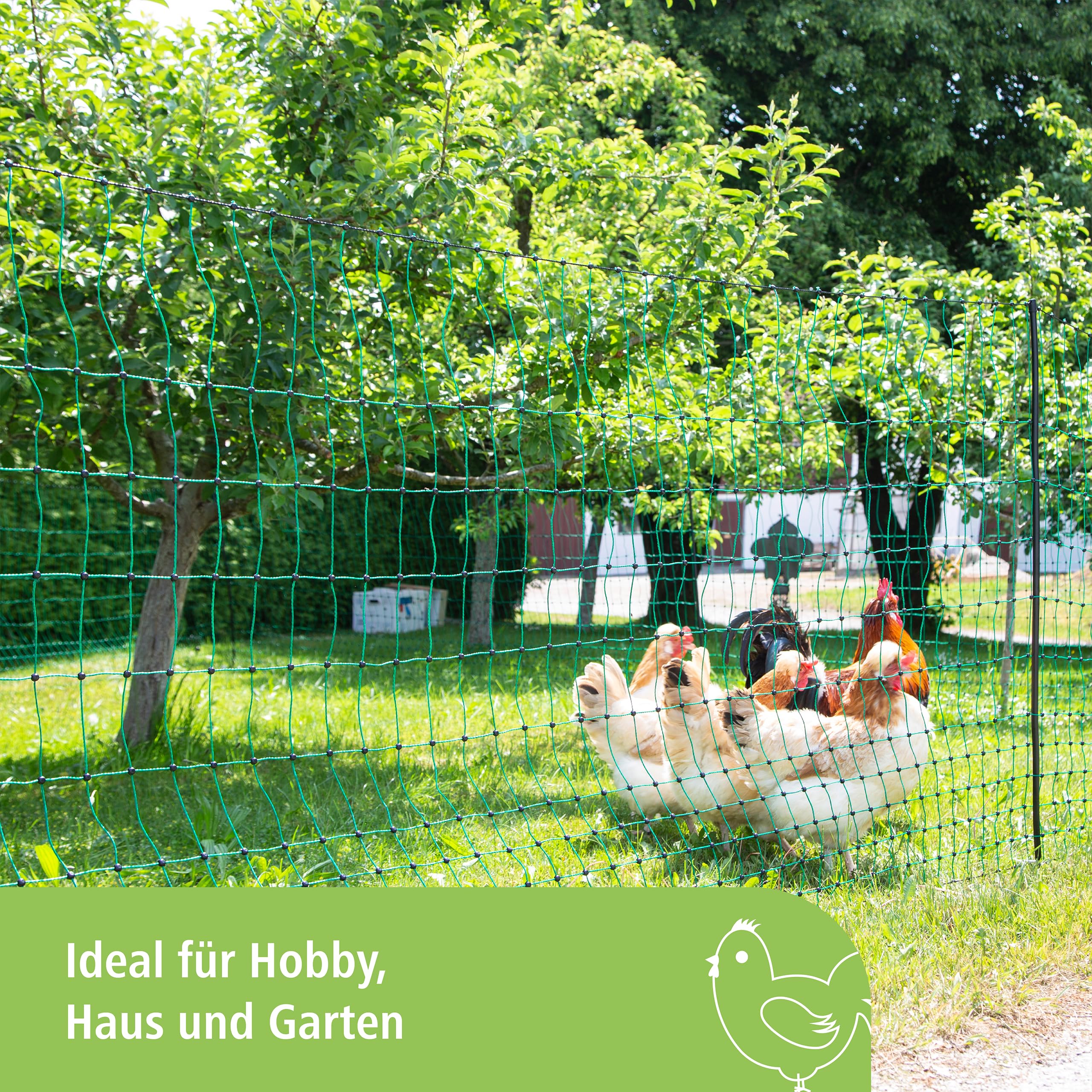 Kerbl Hobbyfarming PoultryNet, 106cm, 50m, Geflügelnetz, Weidezaunnetz, stromlos, Doppelspitze, grün, 15 Pfähle, Hühner, Gänse, Puten, 3 Jahre Garantie UV-Stabilität