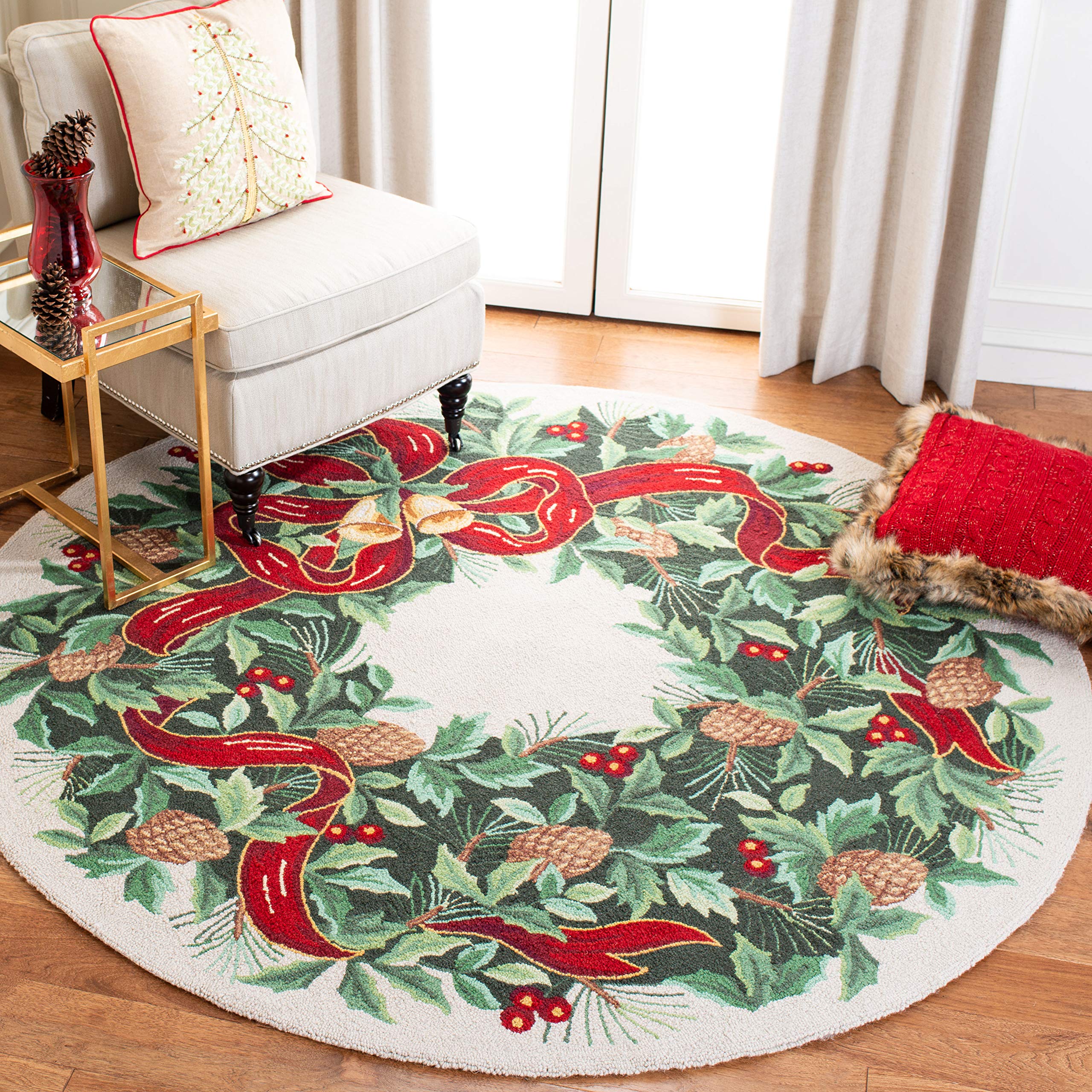 SAFAVIEH Vintage Poster Collection 6' Round Ivory / Green VP323B Handmade Christmas Wreath Novelty Premium Wool Area Rug